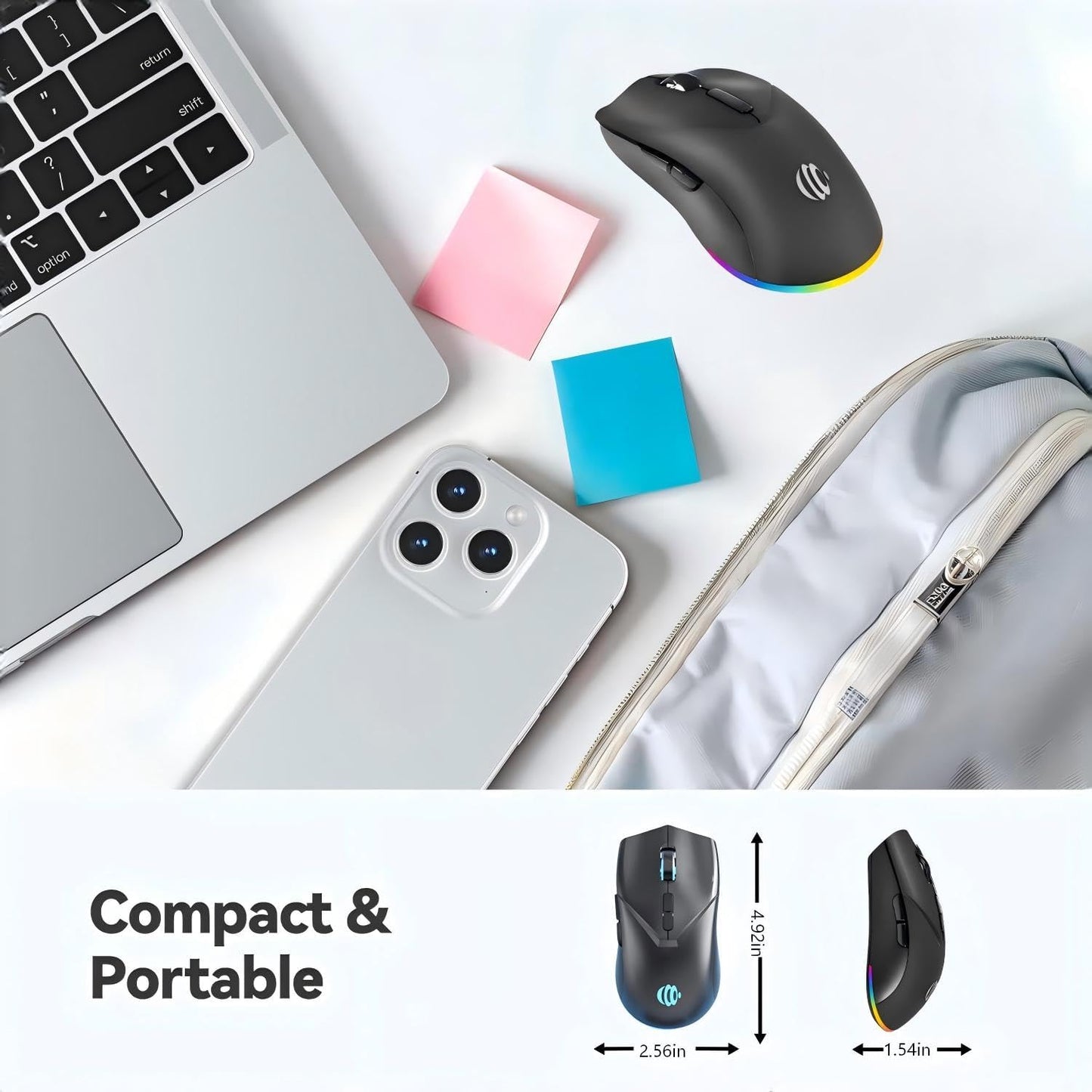 Wireless Mouse, Bluetooth Rechargeable Mouse, Dual Mode BT 5.2 + 2.4G USB Silent Wireless Bluetooth Mouse, RGB Ergonomic Design, 3-Level Adjustable DPI Mouse for Laptop, PC, Mac, Ipad, Black
