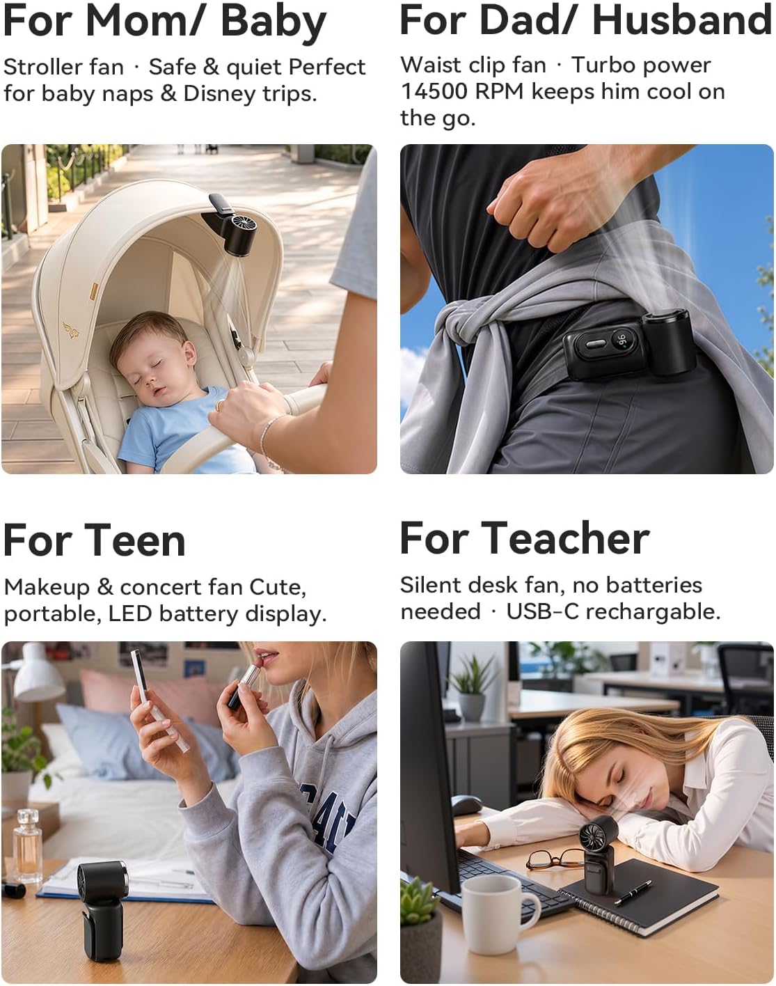 Mini Clip on Fan Handheld, 3000mAh Rechargeable Portable Fan with LED Display, 3-in-1 Personal Cooling Fan, 4 Speeds Quiet USB C Fan for Stroller Desk Travel Camping Office for Women Men Kids, Black