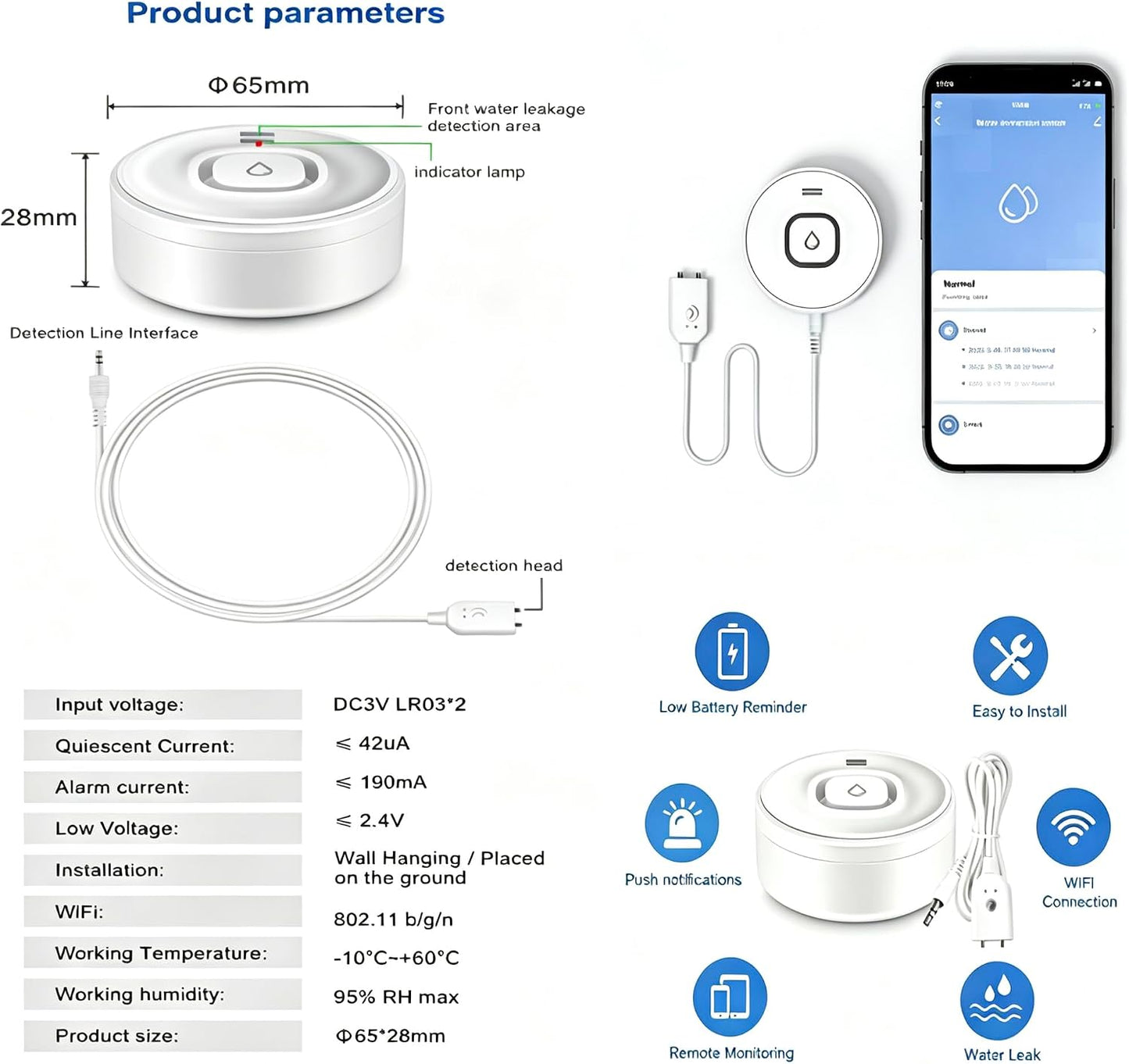Wi-Fi Water Leak Detector, 100dB Adjustable Audio Alarm Sensor, Sensitive Leak & Drip Alert with Remote Email & APP Notification, for Home and Basement 1PC