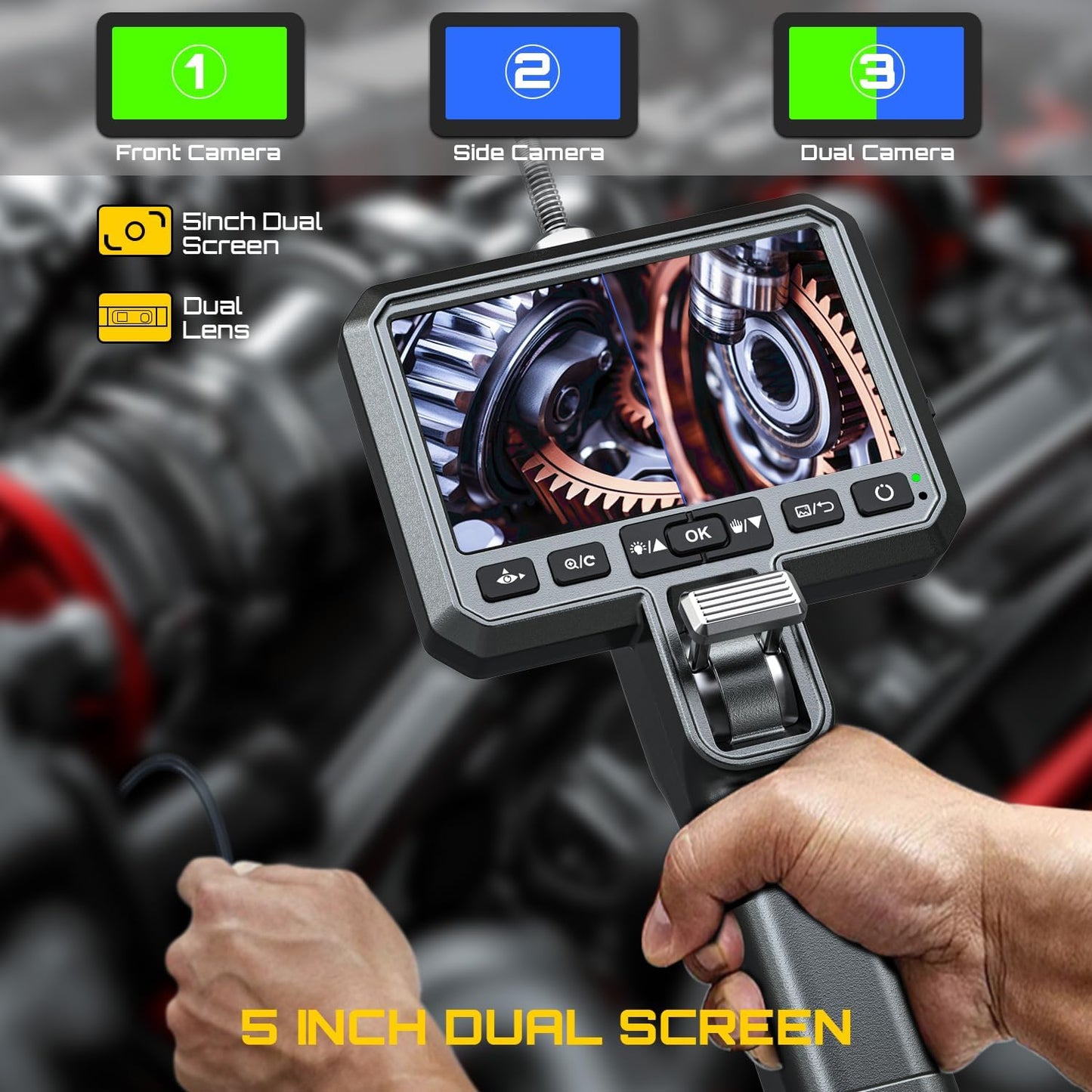 Patented Dual Lens Articulating Borescope with Light, 0.25in Ultra-Thin Probe, 5-inch HD Display, Flexible Snake Endoscope Camera for Aerospace Automotive Engine HVAC Wall Inspection-5FT