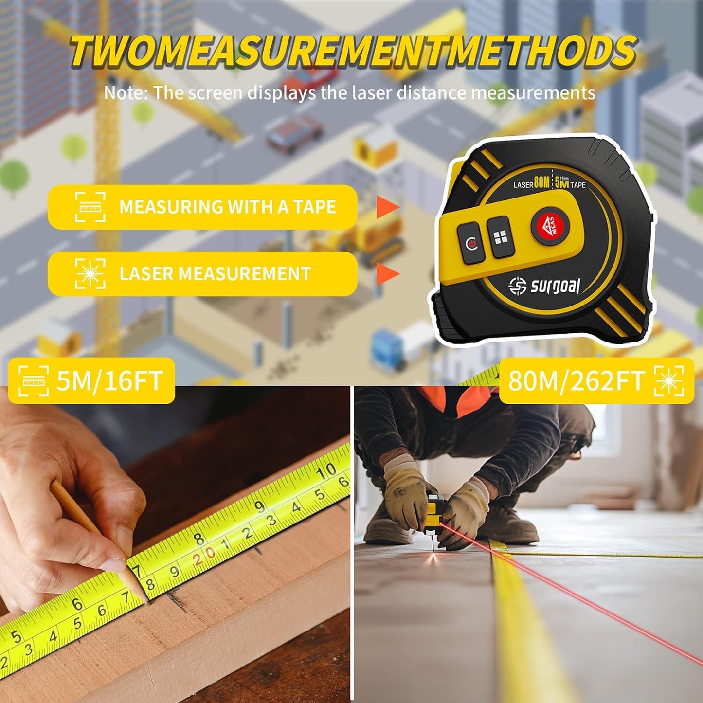 2-in-1 Laser Tape Measure USB-C Recharge 262Ft Laser & 16Ft Tape Red-Beam | Digital Tape with Laser, Magnetic Hook, Area / Volume / Pythagorean, Ft/In/Ft+In/M, Front/Back Reference Home DIY Woodworking