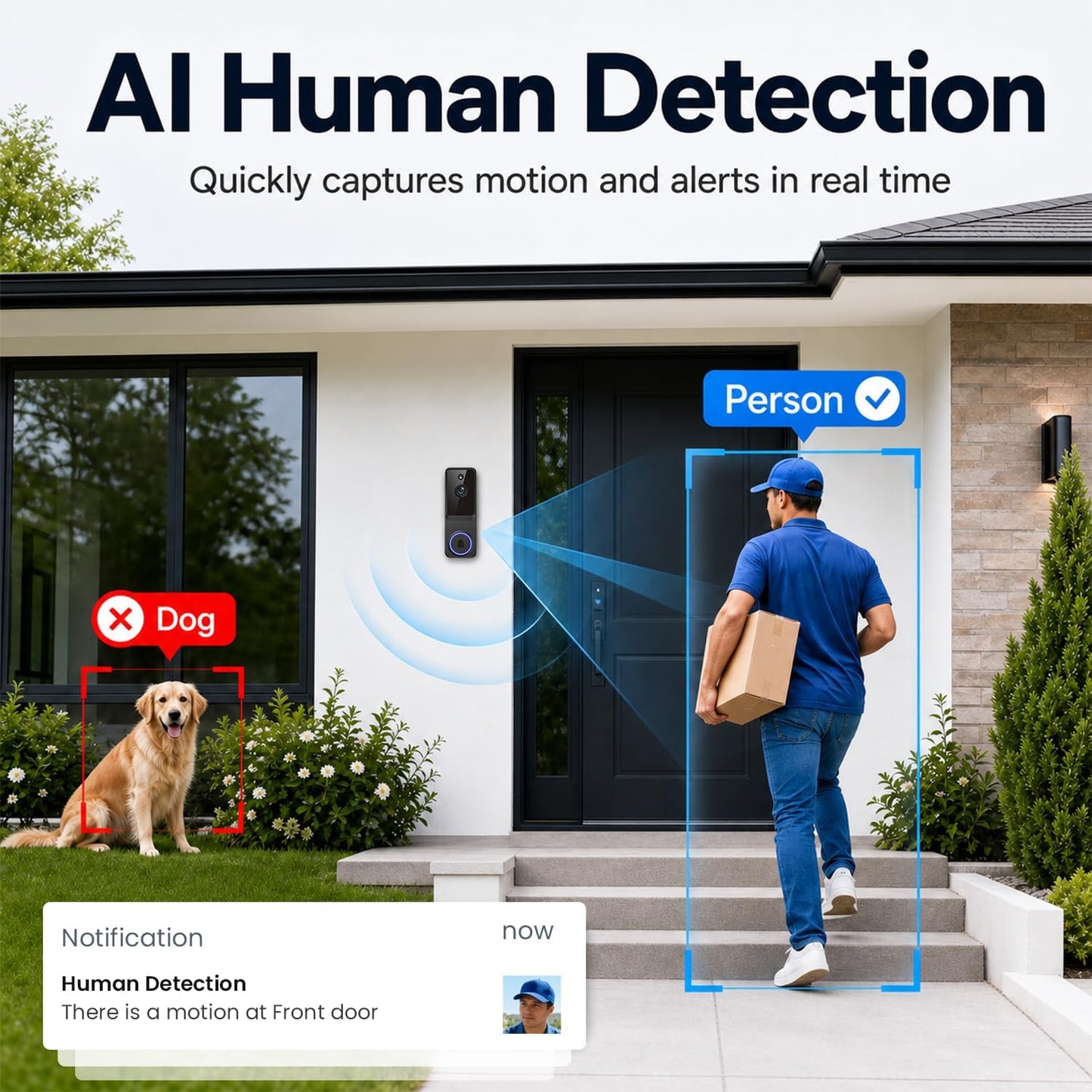 Doorbell Camera Wireless, 1080P Video Doorbell Camera Battery Powered | Security Camera with AI Human Detection, 2-Way Audio, Night Vision, Cloud Storage, 2.4GHz WiFi, Front Door Camera for Home
