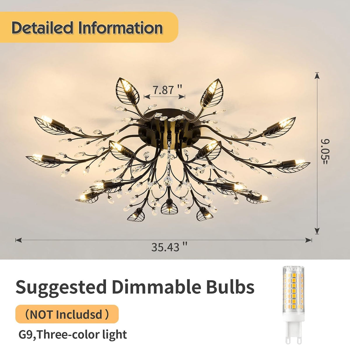 CVKASH 15 Light Vintage Small Crystal Chandelier Modern Branche Semi Flush Mount Ceiling Light Fixture Black Chandelier Lighting for Kitchen Bedroom Living Room Dining Room Hallway Foyer