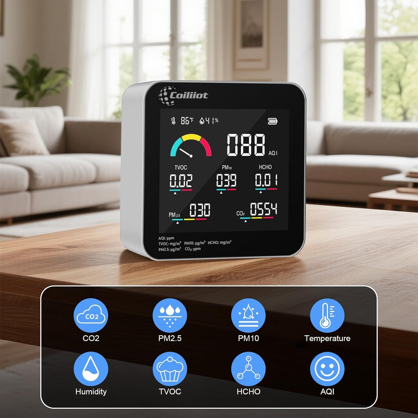 Air Quality Monitor Indoor – CO2 Detector, VOC Meter and AQI Tester Tracks TVOC, HCHO, PM2.5 &amp; PM10 with Temperature &amp; Humidity Sensor for Home Office (White)