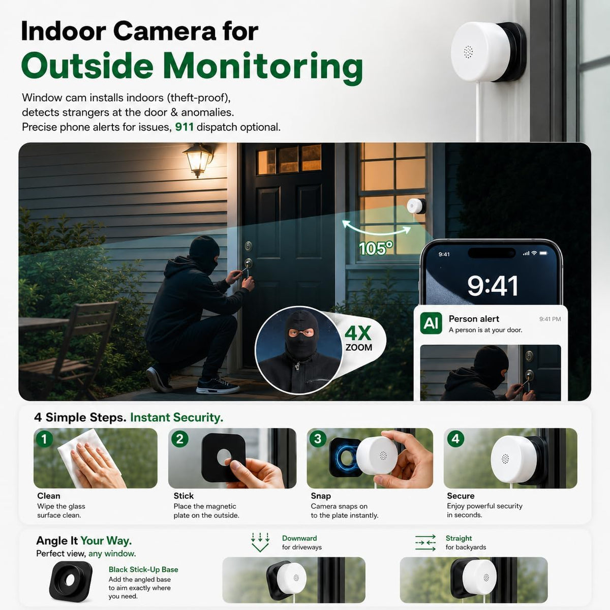 2K No-Drill Window Security Cameras, 2Packs Magnetic Cameras for Home Security, 5G&2.4G WiFi Indoor Angled Window Cam Stick on Glass, Full Color Night Vision, 24/7 AI Human Detection for RV, Apartment