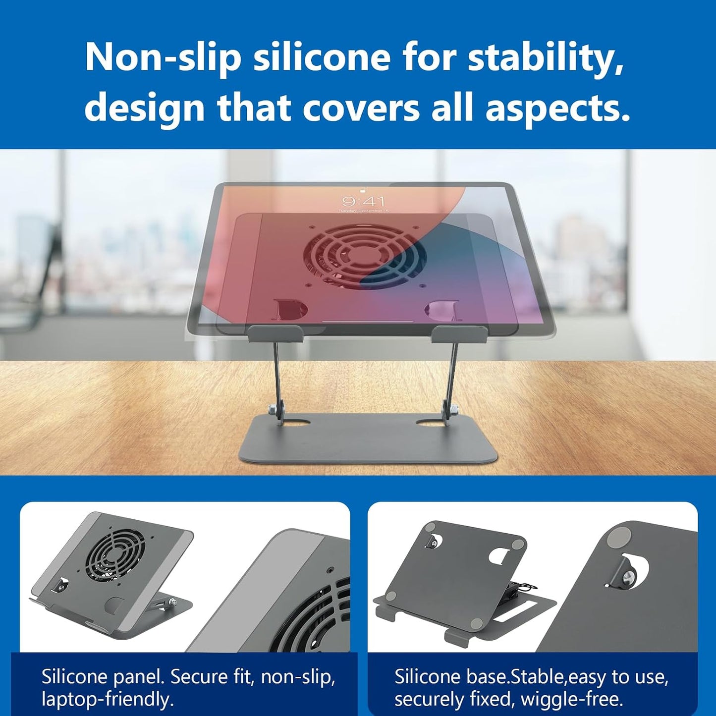 Laptop Cooling Stand with Fan and One Key Switch | Ergonomic Adjustable Height Desk Computer Holder for All 10-16''Laptops & Tablets Perfect for Gaming, DJ, Office - Gray