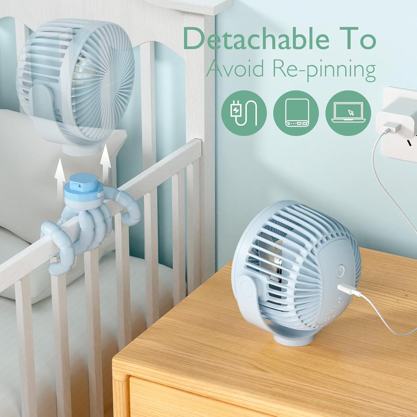 Momcozy 8000mAh Portable Stroller Fan, 27H Ultra-long Battery Life | Detachable 4 Speed 360°Rotate LED Night Light with 2 Modes, USB Rechargeable Handheld Cooling Fan for Travel/Car Seat/Bedroom
