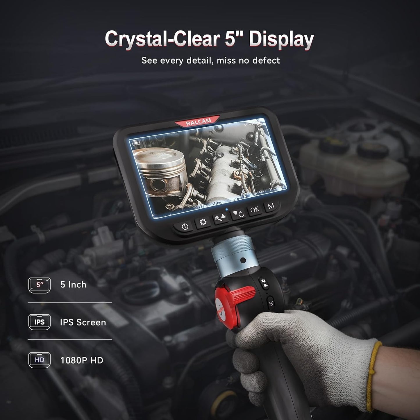 Dual Lens Articulating Borescope Camera with Light, Slim Probe | 5" HD Two-Way Articulated Endoscope Inspection Camera for Automotive, HVAC, Pipes, Wall 8.5mm-10FT Semi-Rigid Cable