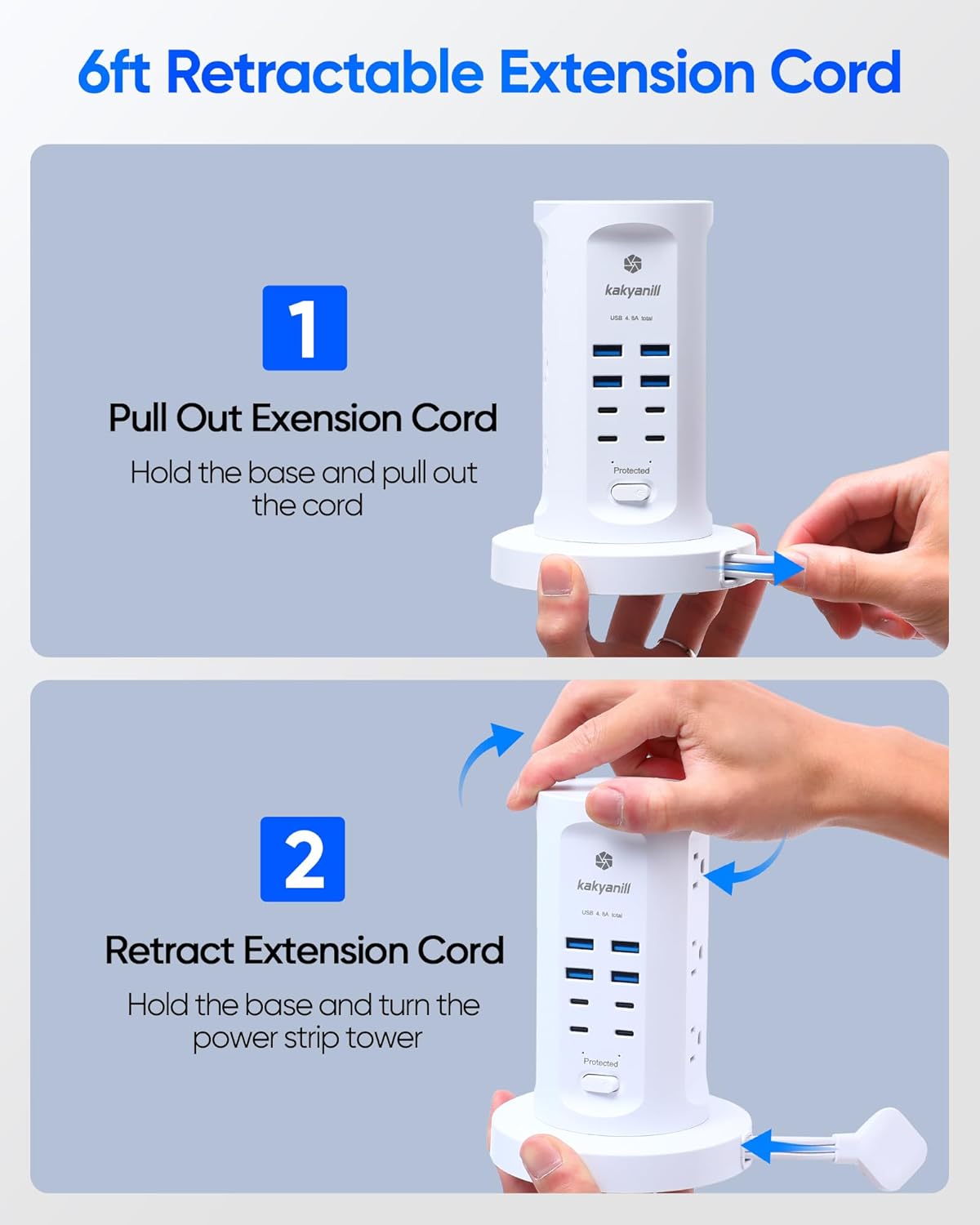 Power Strip Tower, kakyanill Charging Station 9 AC Outlets 8 USB Ports | 6 Ft Retractable Extension Cord, 15W Wireless Charger, White