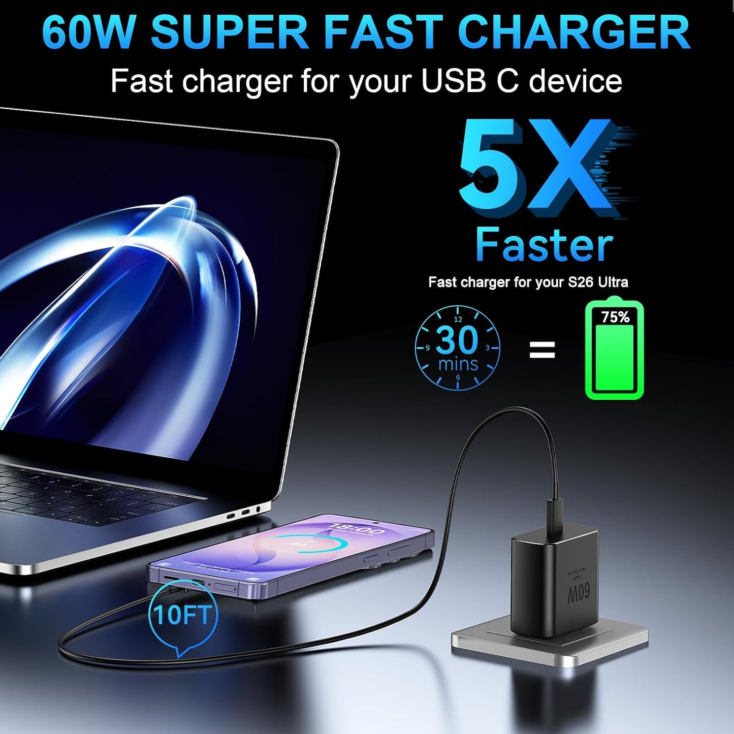 60W Super Fast Charger USB C, Type C Charger Fast Charging Android Phone Charger Block with 10FT USB C Chargers Fast Charging Cable Cord for Samsung Galaxy S26 Ultra/S26+/S26/S25Ultra/S25/S24-Black