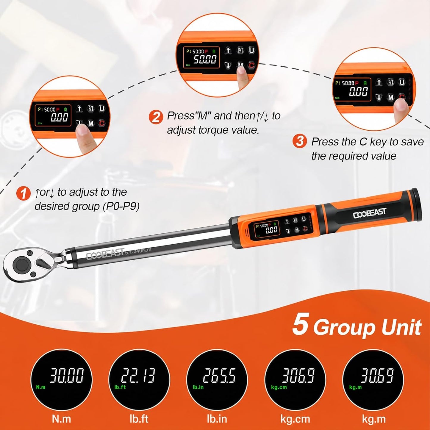 coobeast 1/2 Drive Digital Torque Wrench(3.76-250.8 Ft.lbs./5.1-340Nm) | Preset Value Torque Wrench with ±2% accuracy, Buzzer and LED Flash Five Units of Measure for Motorcycle, Auto Repair