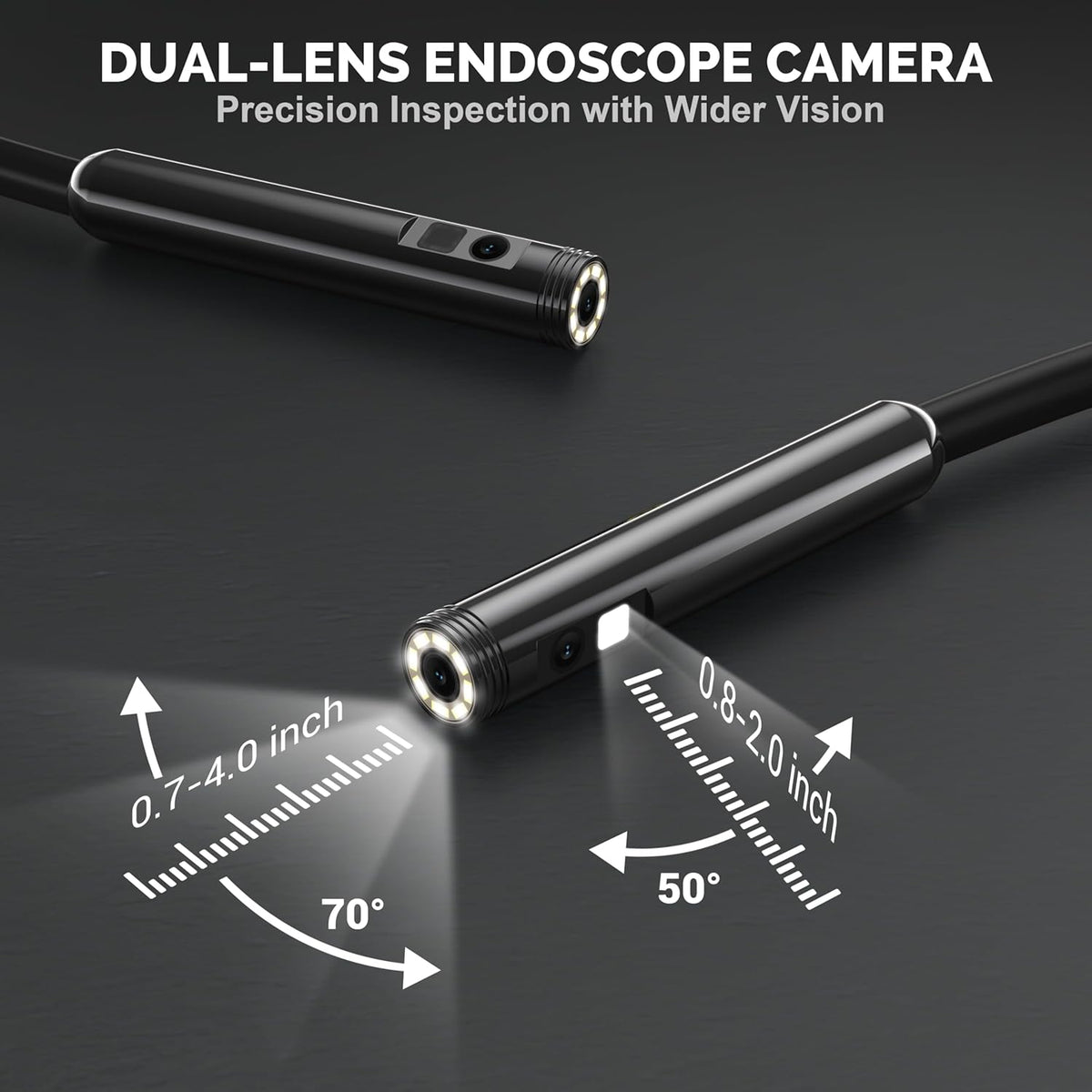 Dual-Lens Endoscope Camera with Light, 1920P HD Borescope Inspection Camera | IP67 Waterproof Endoscope with 8+1 Adjustable LED Lights and 16.4FT Semi-Rigid Snake Cable for iOS and Android