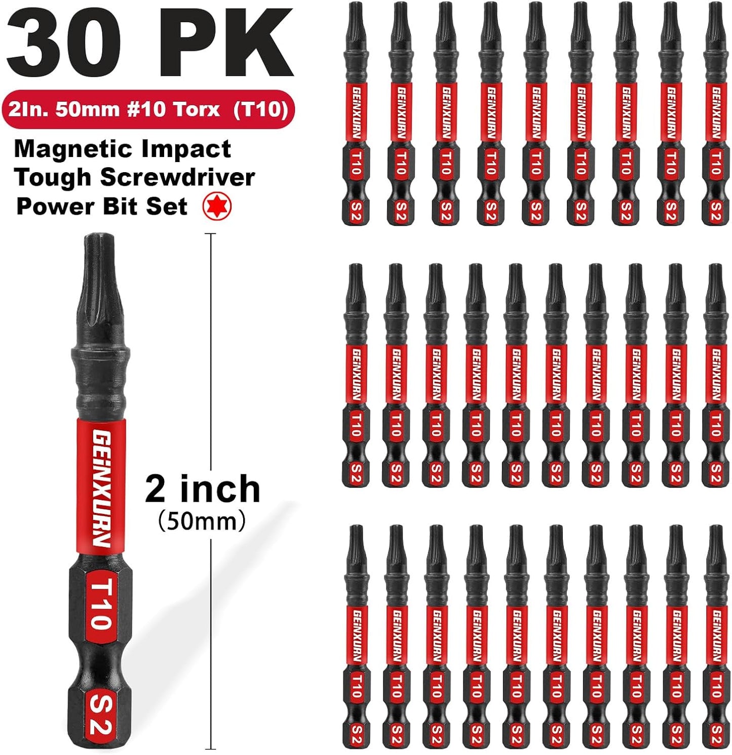 30 Pieces T10 Impact Tough Magnetic Screwdriver Bit Set, 2 In. #10 Torx Head Power Bit Set, S2 Alloy Steel T10 Star Bit Set