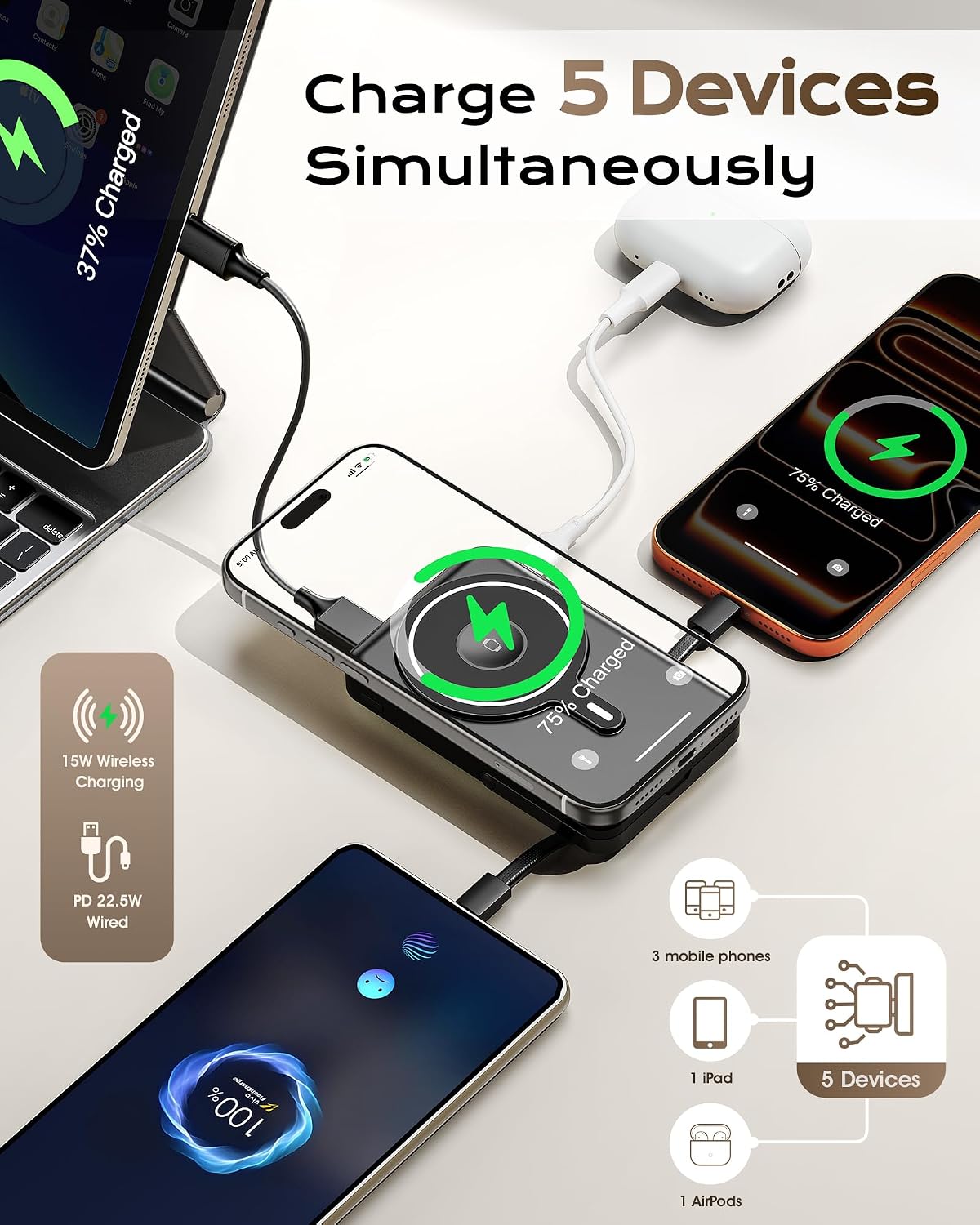 for Magsafe Portable Charger, 10000mAh Power Bank, Dark Black | PD 22.5W Fast Charging with USB-C Cable, Foldable Stand, Magnetic Wireless Charger for iPhone 17/16/15/14/13/12 Series