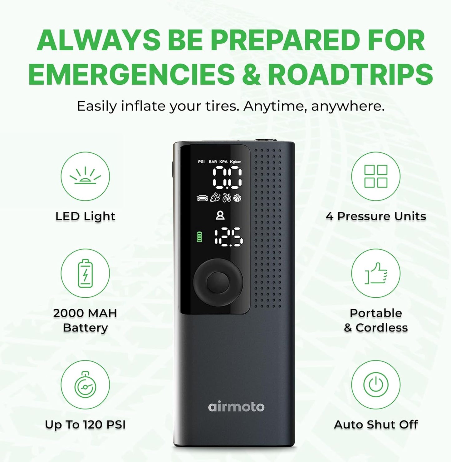 Airmoto Tire Inflator Portable Air Compressor for Cars, Bikes and Bicycles | Cordless Air Pump with Digital Pressure Gauge, Bright LED & Auto Shut-Off, Works on All Tires and Inflatables
