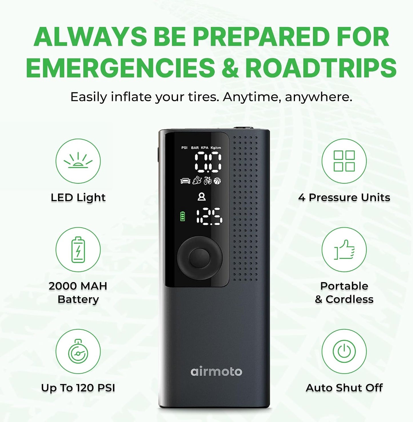 Airmoto Portable Tire Inflator and Car and Home Charger Bundle | Cordless Inflator with Digital Pressure Display, Power Kit Included for Car and Home Charging