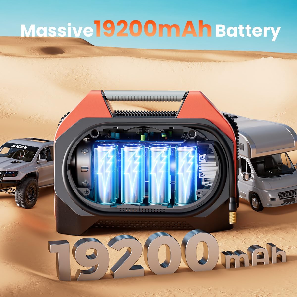 ETENWOLF VORTEX S6 Tire Inflator Portable Air Compressor, Cordless Air Pump | with 19200mAh for Heavy-duty Vehicle, Car & Inflatables-100% Duty Cycle & Dual Cylinder-Bike Pump-LED Backlight, Vivd Orange