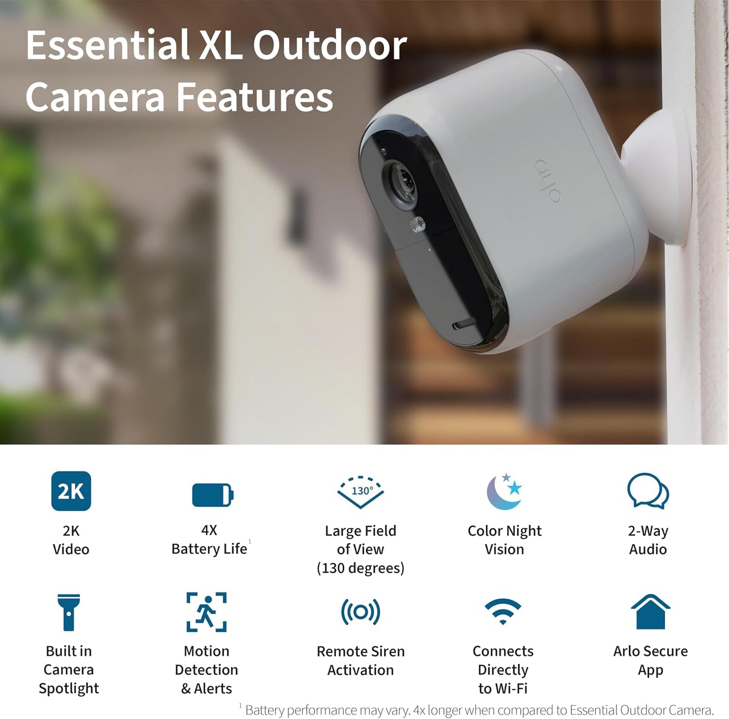 Arlo Essential XL Security Camera 2K (2nd Gen, 2023 Release) - Wireless Outdoor Camera, 4X Longer Battery, Person Recognition, Package Detection, Animated Preview, 1-Mo. Trial of Secure Plan, 1 Cam