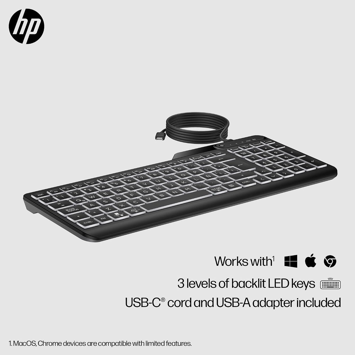 HP 400 Backlit Wired Keyboard (Ash Wired) - Warm White LED Illuminated Keys w/ 3 Brightness Levels - Slim & Portable Design - 12 Programmable Keys - Spill-Resistant, Sanitizable