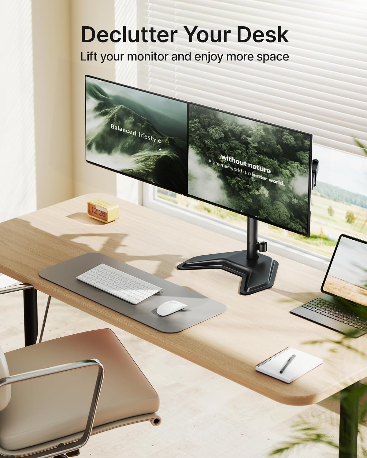 monTEK Freestanding Dual Monitor Stand for 17-32" Screens, 22 lbs Each | Solid V-shaped base, dual-screen full-motion arms, height adjustment, tilt, swivel, rotation and VESA 75/100
