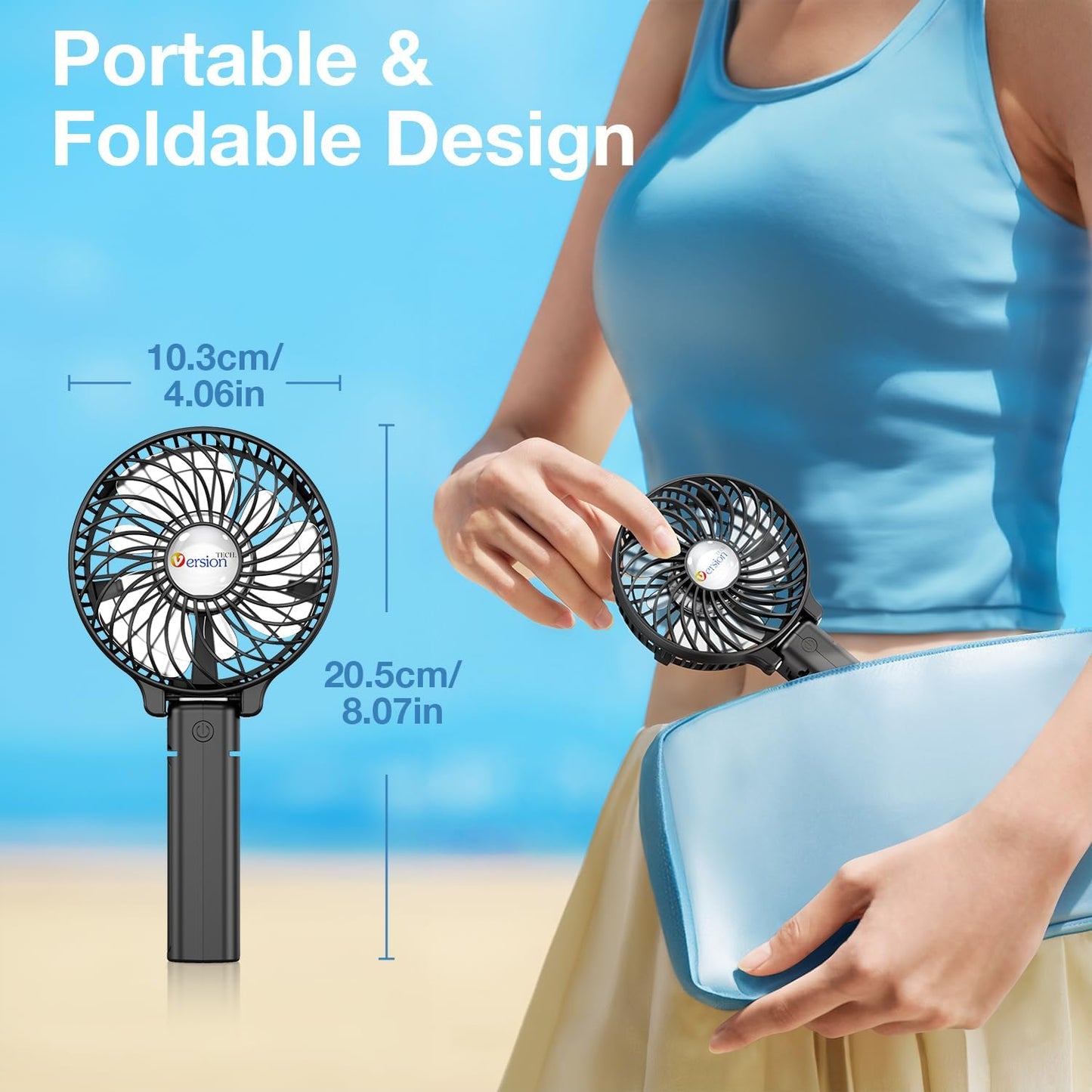 VersionTECH. Portable Handheld Fan, Powerful+Durable+180° Foldable, Mini Hand Fans with USB Rechargeable Battery Operated Cooling Accessories for Personal Use, Travel, Office Black