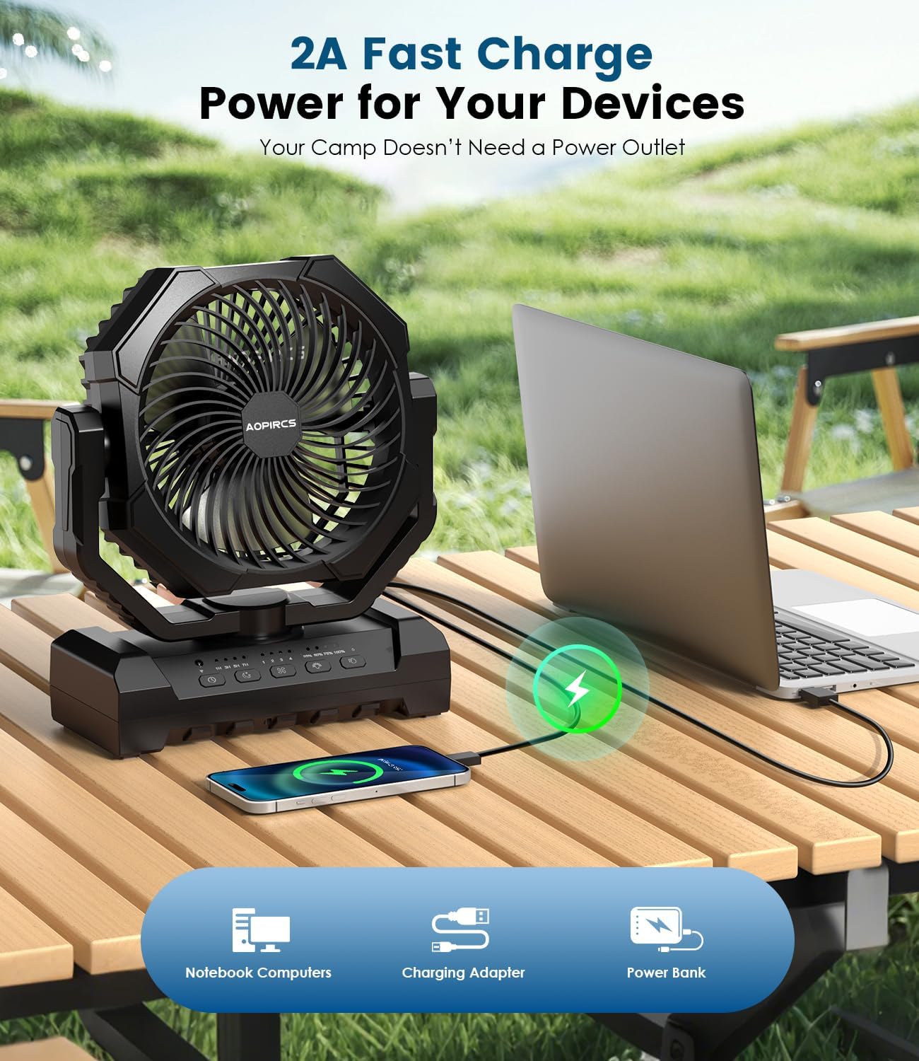Camping Fan Rechargeable, 24000mAh Battery Powered Fan with LED Light, Hook | Portable Fans, 8-60H, 4 Speed, Timer, Sleep Mode, Camping Gear, Travel Essentials, for Tent, RV, Outdoor, Garage, Emergency