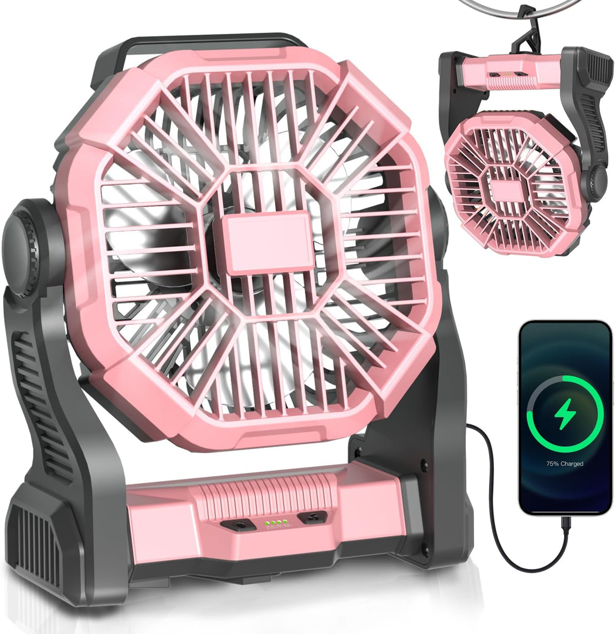 AEscod Portable Camping Fan, Rechargeable Battery Operated with LED Lights, Hanging Hook, 270°Rotation, 20000mAh Battery Powered Fan for Beach, Office, Picnic, Fishing, Travel, Tent