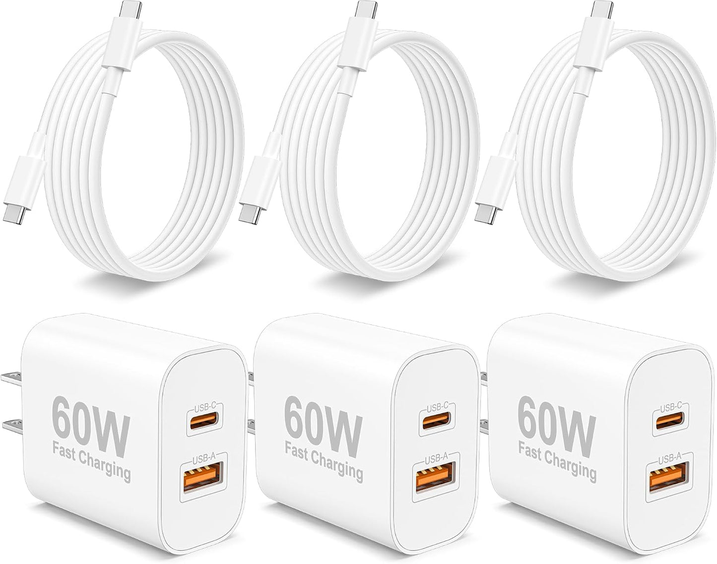 iPhone 17 16 15 Pro Max Charger Fast Charging, 3Pack 60W USB C Fast Charger | for iPhone 17/17 Pro Max/16/15 Pro/iPad, Type C GaN Power Adapter, with 6FT USB-C Cable, Portable for Travel Office Bedside