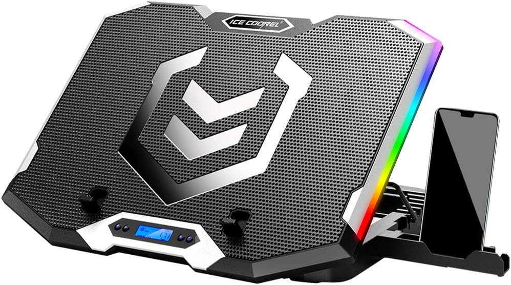 Gaming Laptop Cooling Pad with 8 Cooling Fans, Laptop Fan Cooler Pad for 15-17.3 Inch, Notebook Cooler Stand with 6 Height Adjustable, RGB Cooling Pad with Two USB Port + Phone Stand