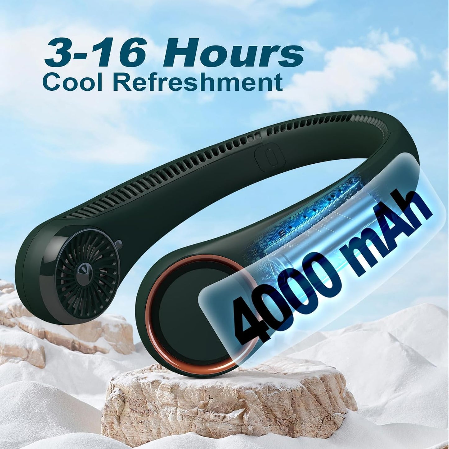 CIVPOWER Neck Fan: Portable Personal Neck Cooling Rechargeable Bladeless Fan - Hands Free 3 Speed 4000 mAh Battery USB Operated Wearable Headphone Design - Gift for Men Women Outdoor (Dark Green)