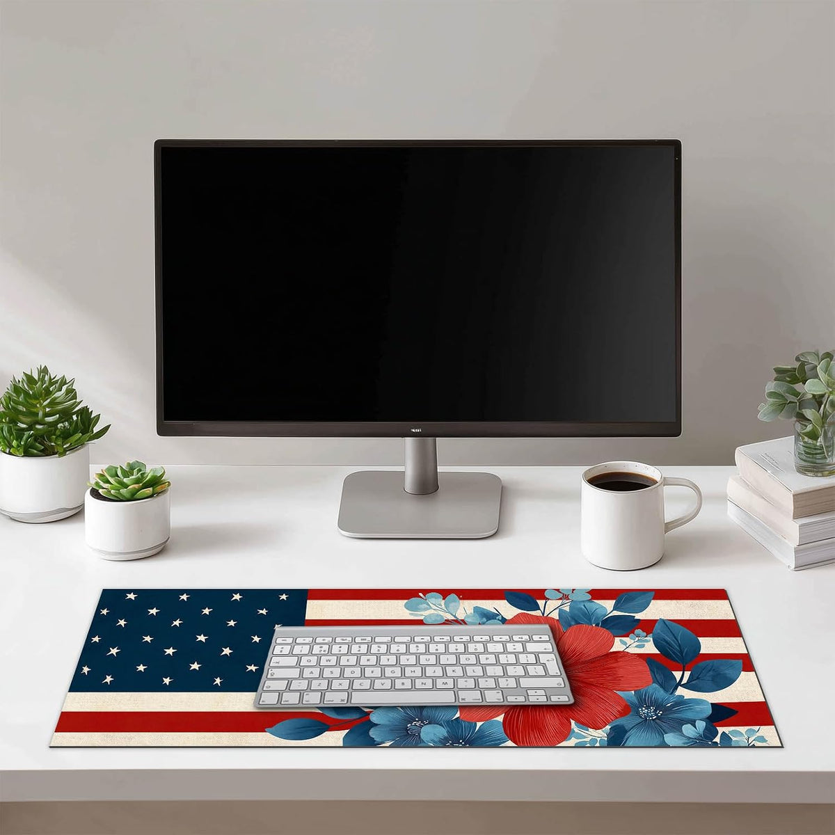HOMETITUTE Mouse Pad 31.5 x 11.8 Inch American Flag Floral Desk Mat XL Large Extended Keyboard Mat Computer Desk Pad Non Slip Waterproof Mouse Pads Gaming Office Accessories