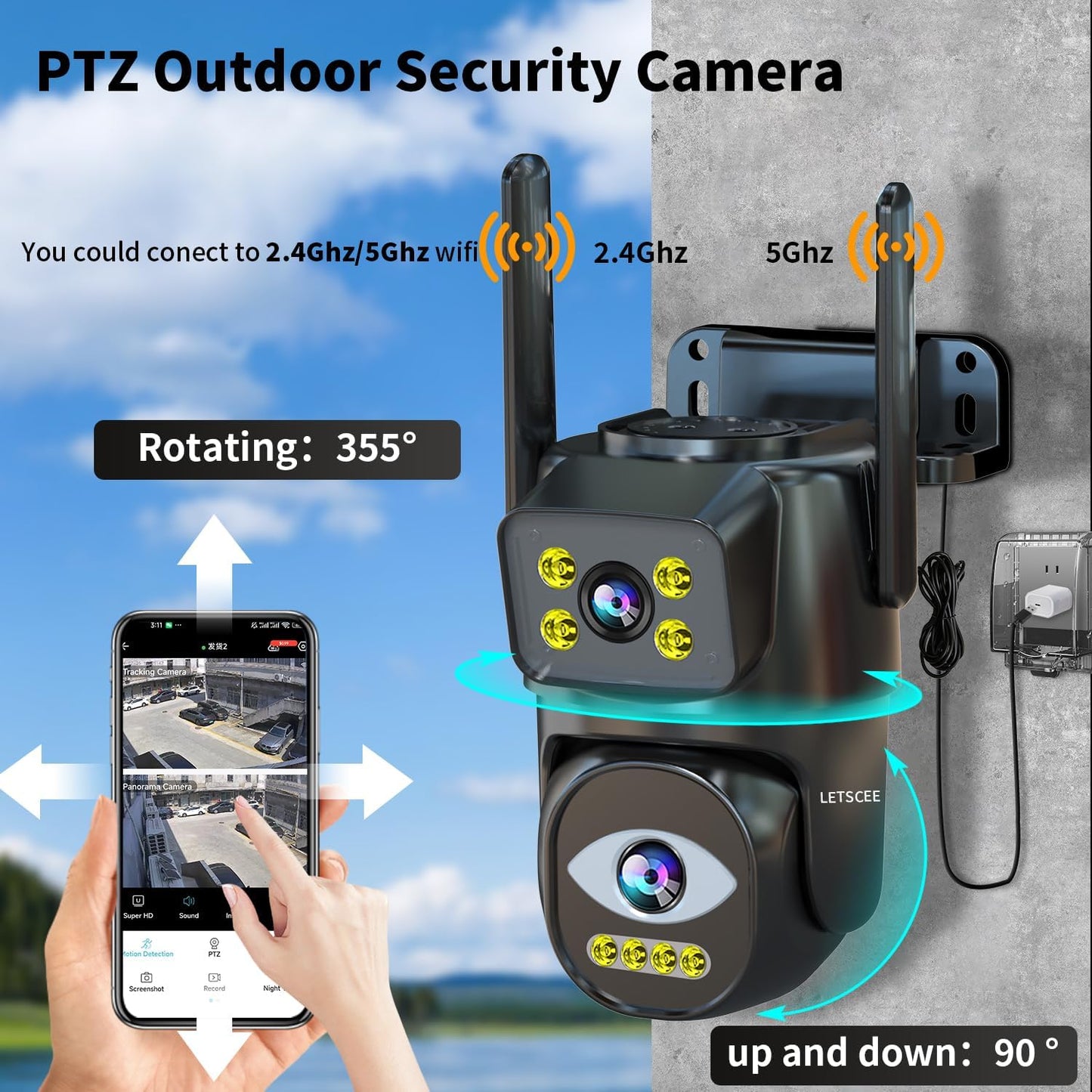 LETSCEE Dual Lens WiFi Security Camera Outdoor, 2.4G/5G PTZ Outdoor Plug-in Camera Auto Tracking,Home Security Surveillance System,WiFi,Night Vision,7/24 Recording