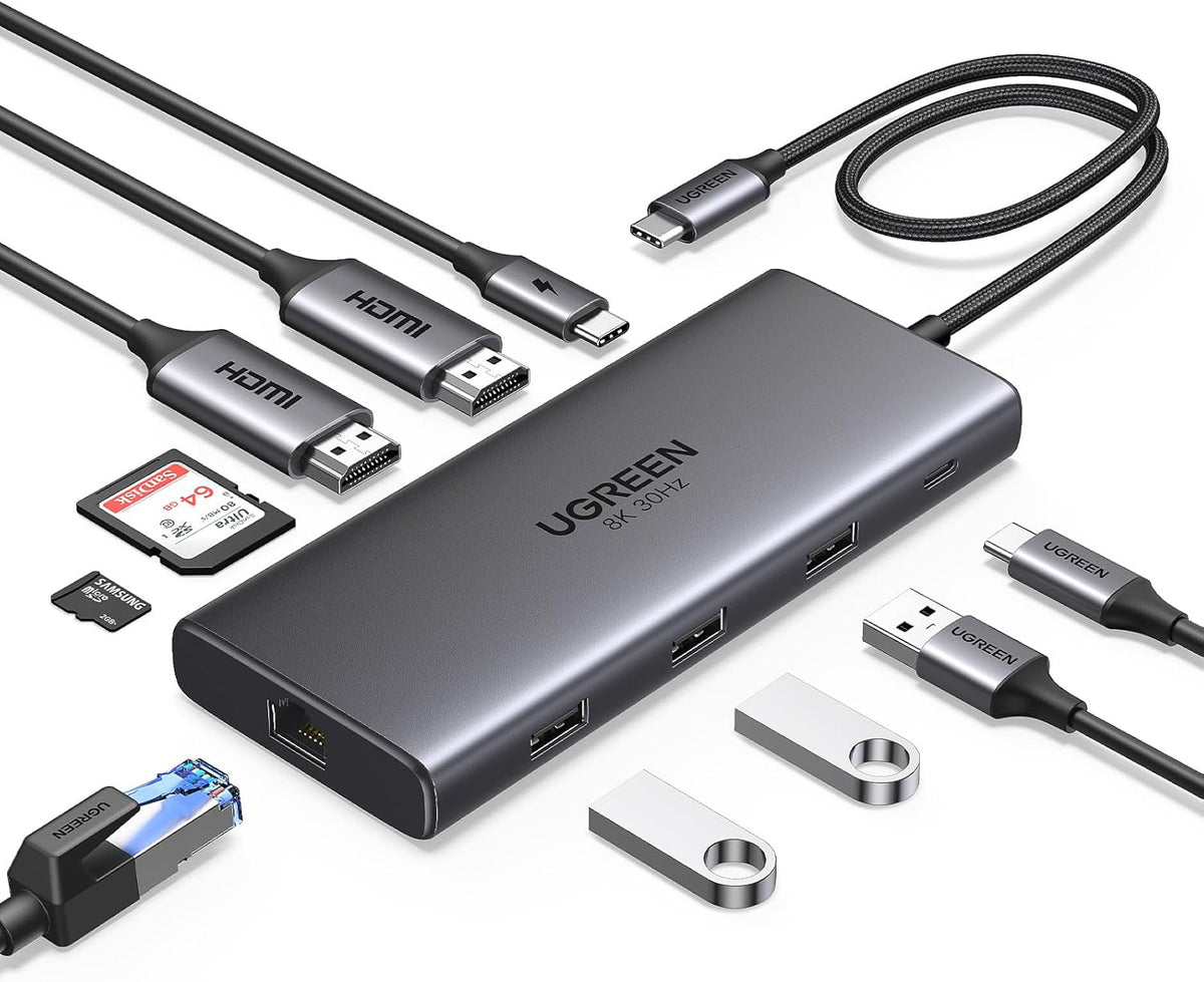 UGREEN USB C Docking Station Dual Monitor, 10-in-1 Laptop Dock with 2 HDMI | 2x HDMI, Single 8K, 100W PD, 1Gbps Ethernet, 4x 5Gbps USB-A/C Data, SD/TF, Revodok Pro Aluminum USB-C Dock for Dell/HP/Lenovo