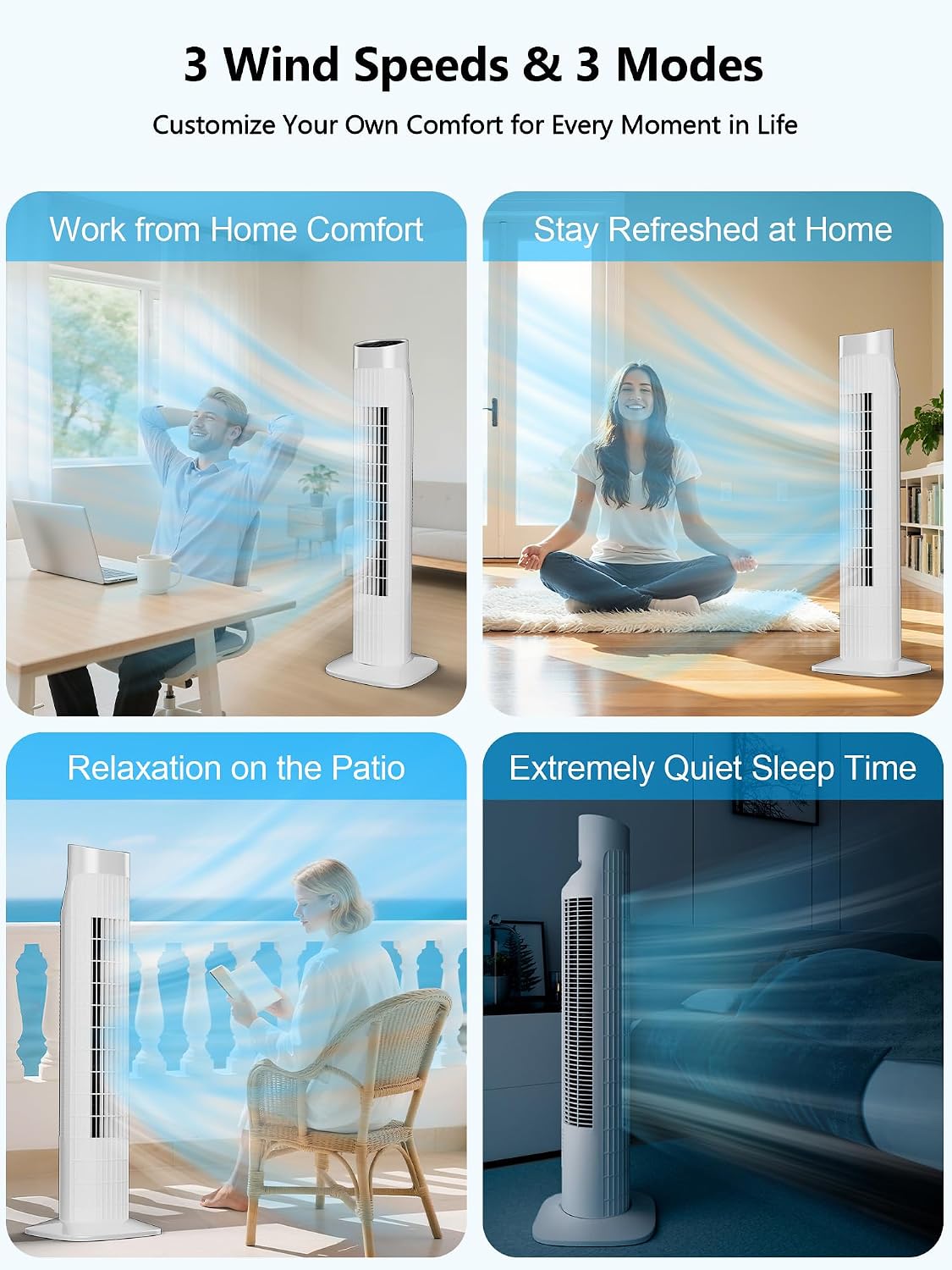 Uthfy Tower Fan with Remote, Portable 120° Oscillating Standing Fan, 3 Speeds & 3 Modes, 7.5H Timer, Fans That Blow Cold Air for Bedroom, Living Room, Office, White