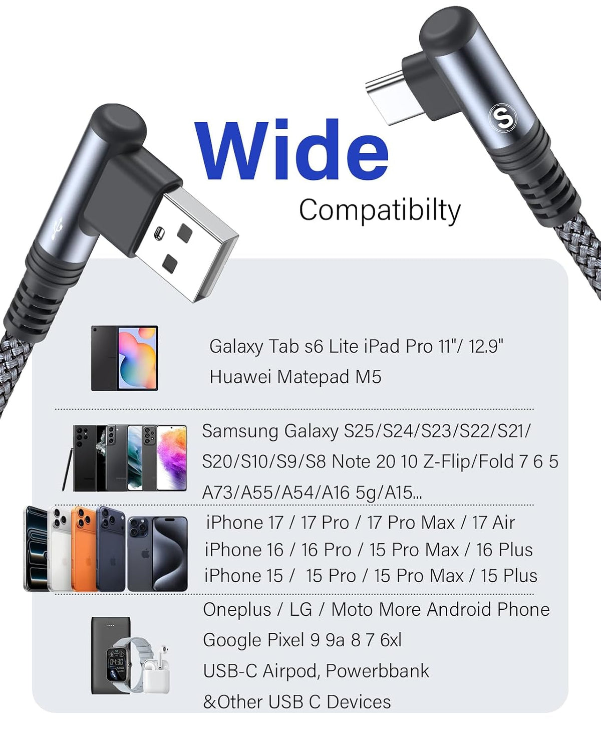 USB to USB C Cable 3.1A Fast Charge Right Angle CarPlay 10ft 2-Pack Grey