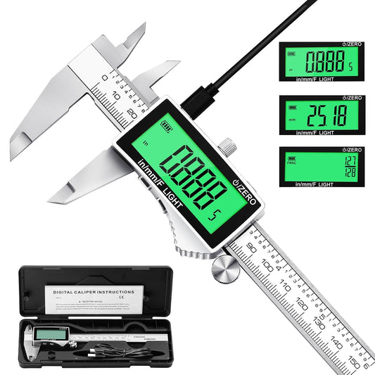 Rechargeable Digital Caliper 6 Inch, Large Backlit LCD Display, Stainless Steel Electronic Vernier Dial Calipers Measuring Tool, Inch/MM/Fraction, Auto-Off Micrometer for DIY, Household, 3D Printing