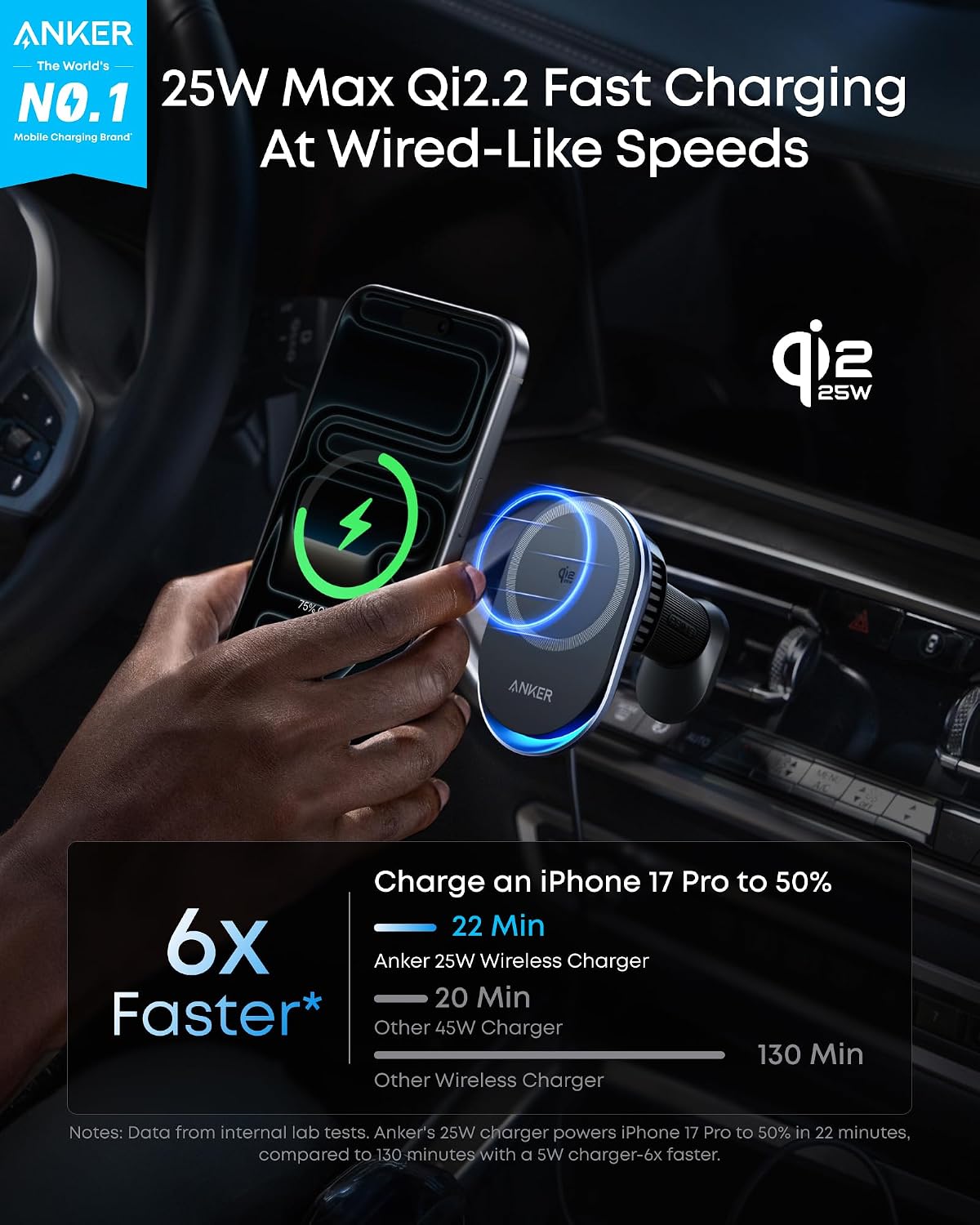 Anker Prime Qi2 25W MagSafe Compatible Wireless Car Charger Mount | AirCool Phone Holder with Vent Clip and Fast Power, for iPhone 17 - 12 Series, and More (Adapter Included)