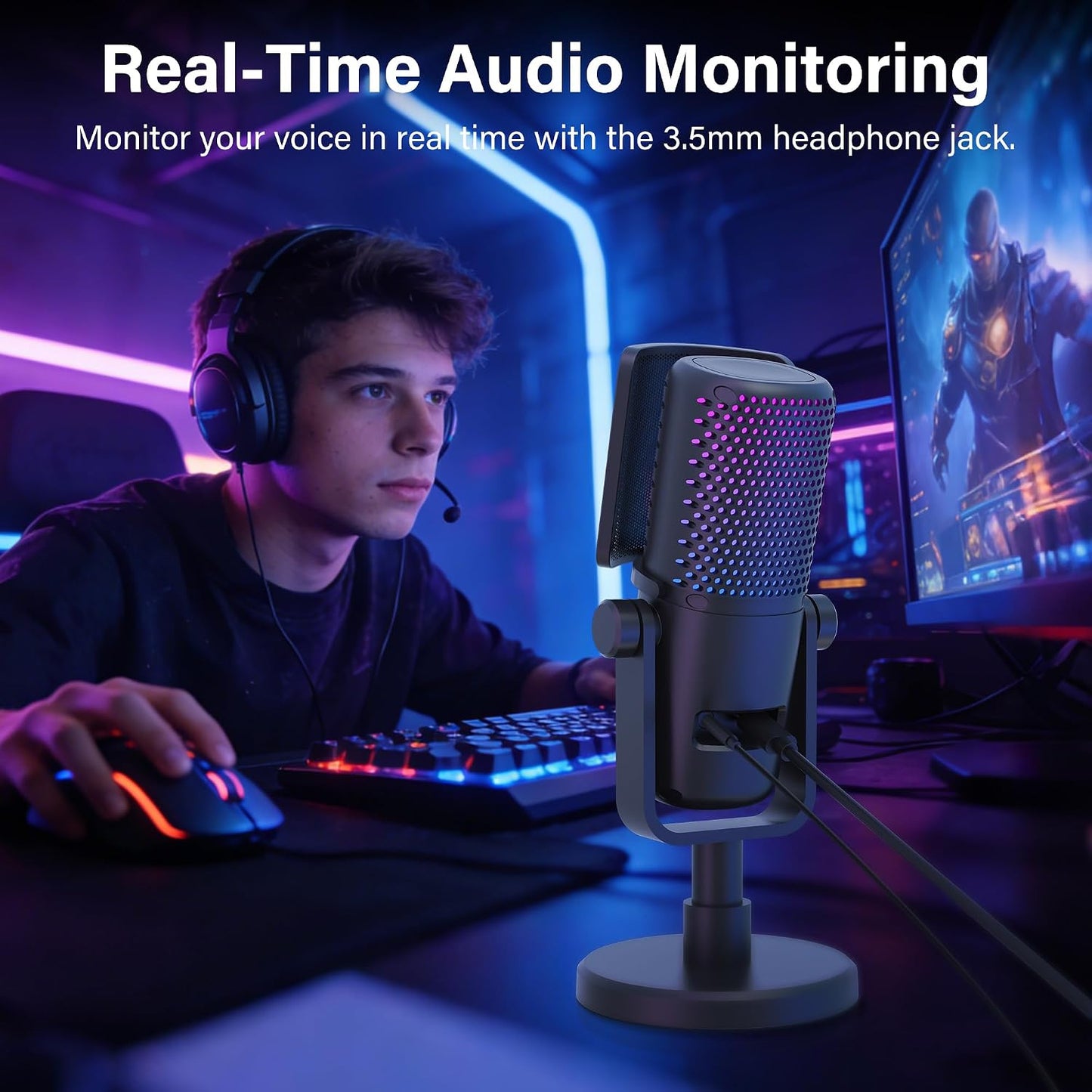 Gaming USB Microphone for PC with Pop Filter Volume Control Headphone Jack RGB Light Mute Button Plug and Play for PS4 PS5 Mac Streaming Podcast