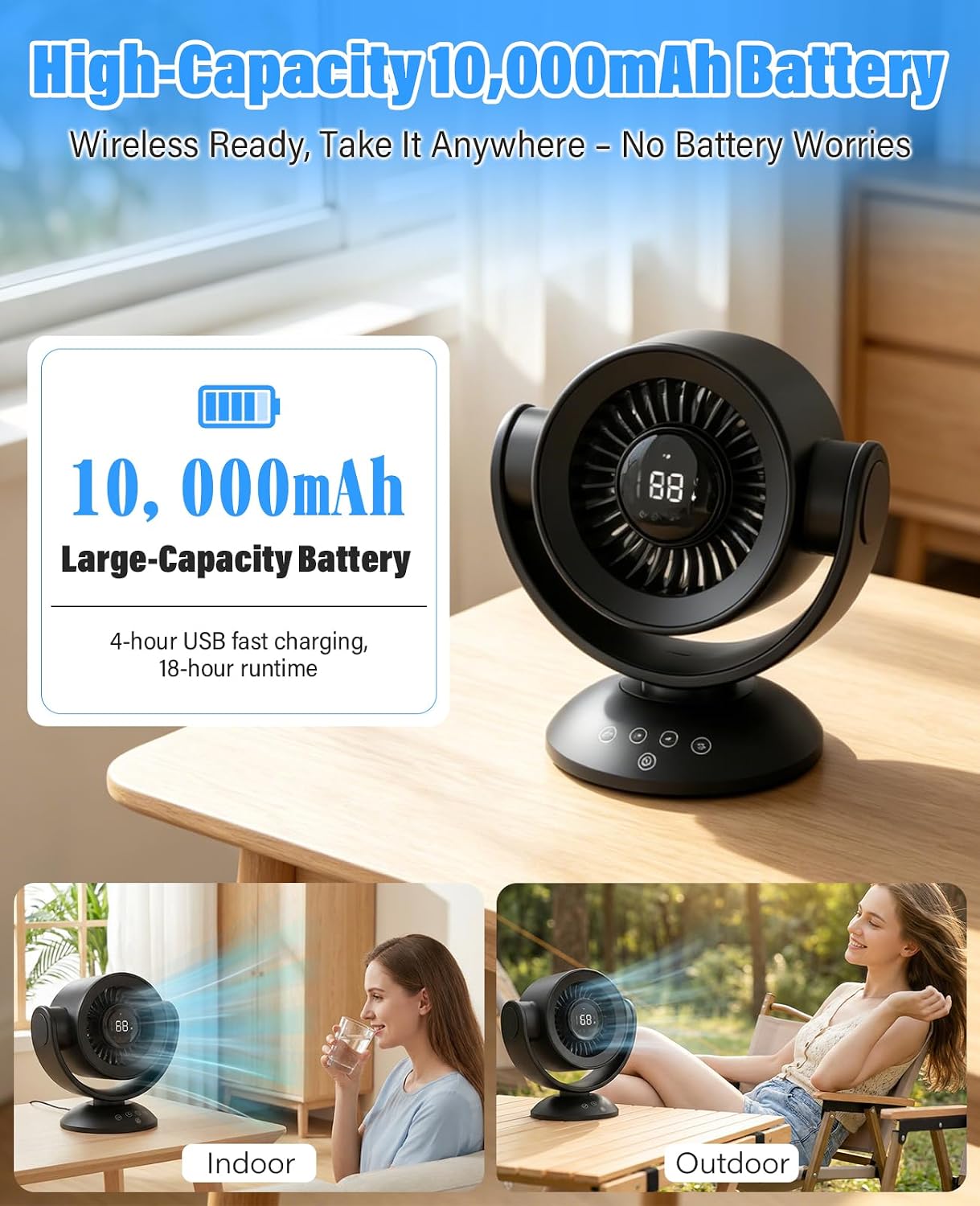 Fan for Bedroom,Desk Fans,Air Circulator Fan with Remote, 90°Vertical +120°Auto Oscillating,100 Speeds, 10H Timer, 25dB Quiet Fan,Digital Display Rechargeable USB, for Home Office Travel（Black）