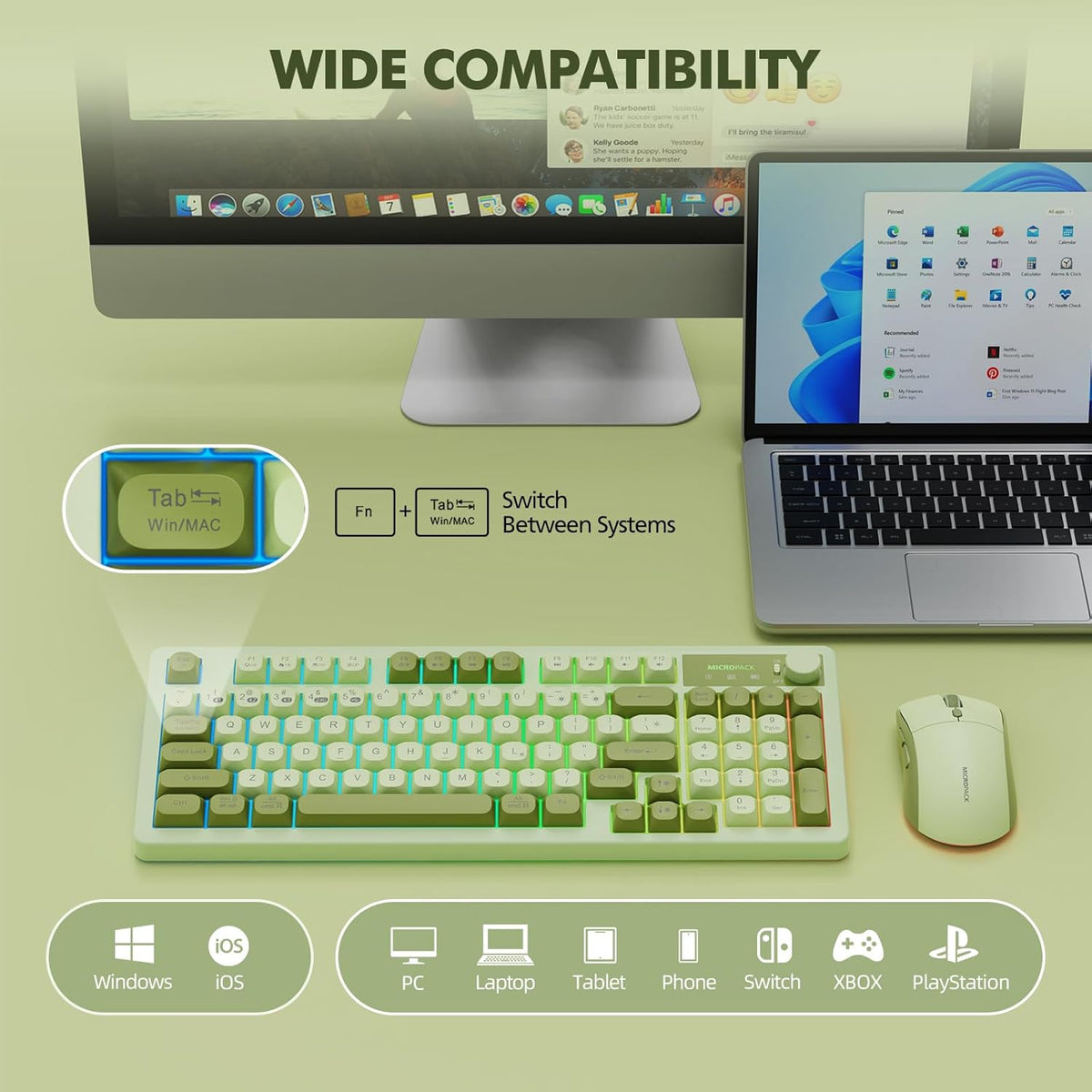 Wireless Keyboard and Mouse Combo Creamy with Number Pad for Desktop Mac iPad Bluetooth/2.4ghz/Wired Rechargeable Light up RGB Quiet Compatible with PC Laptop Tablet (Green)