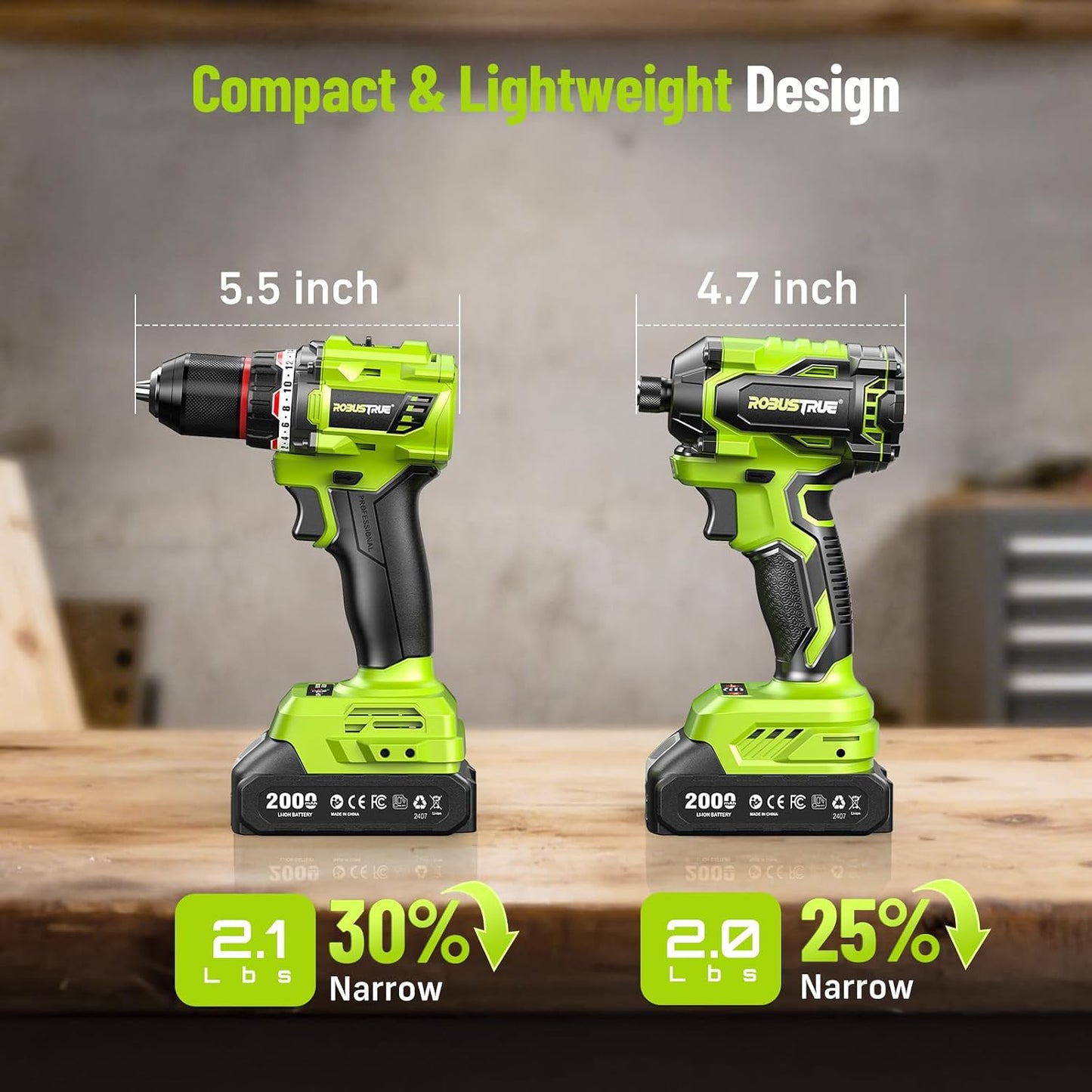 Robustrue 21V Cordless Drill & Impact Driver Combo Kit, 3/8" Drill & 1/4" Impact Driver, 2×2000mAh Batteries, Fast Charger, 16-Piece Bit Set for DIY Projects, Furniture Assembly & Home Repairs