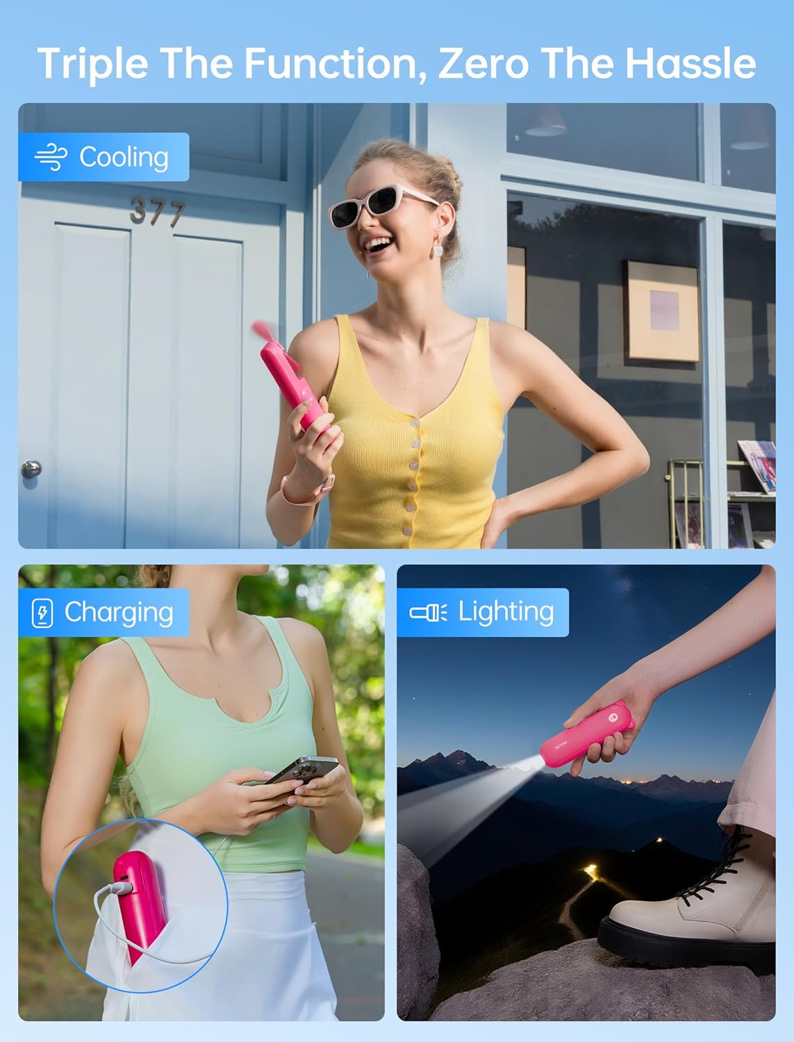 JISULIFE 3 IN 1 Portable Fan with Power Bank & Flashlight Featured | 19H Max Cooling, USB Rechargeable, Pocket-Sized Handheld Fan for Travel, Cruise, Concerts, Makeup, Summer Gifts for Women