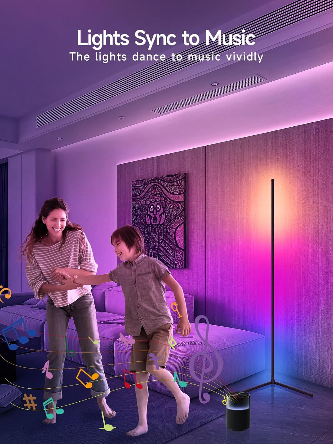 Tyute Corner Floor Lamp, RGB LED Corner Lamp with Music Sync, Smart App and Remote Control Color Changing Ambience Light, LED Lamp with 16 Million Colors for Bedroom, Living Room Gaming Room