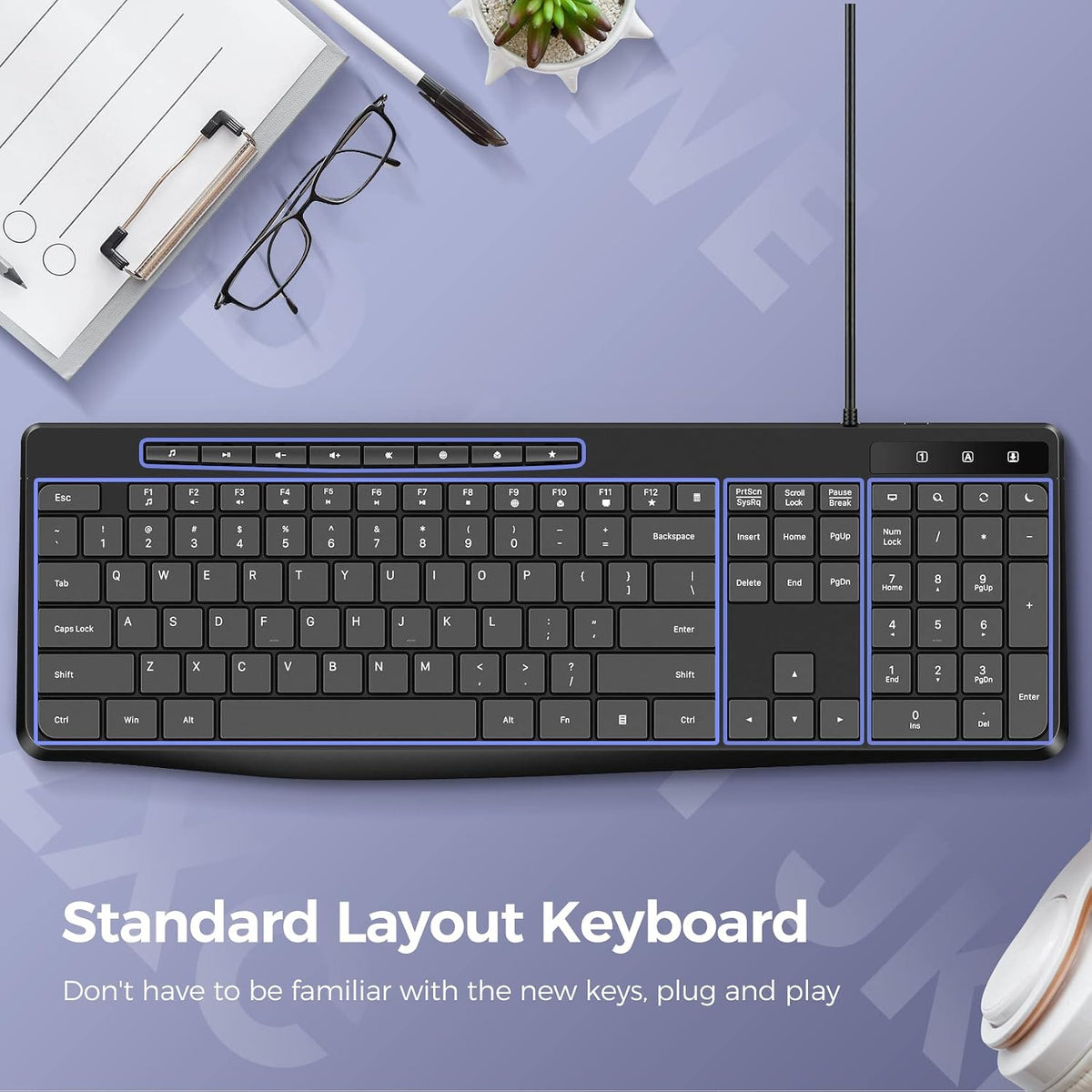 Virfour Wired USB Computer Keyboard, Quiet Keyboard with Multimedia Keys | Virfour Silent Keyboard with Low Profile Chiclet Keys,Spill-Resistant, Anti-Wear Letters,Full Size for Laptop,Desktop