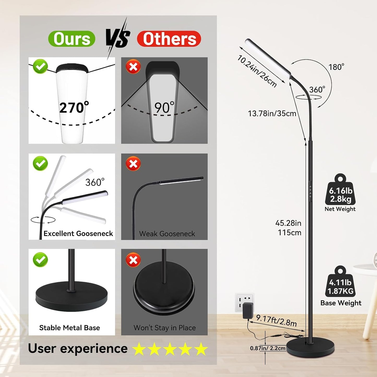 Dimunt LED Floor Lamp, Stepless Adjustable 3000K-6000K Colors, RGB | 4 Color Temps, Bright 15W Floor Lamps for Living Room with 1H Timer, Reading Standing Lamp with Remote & Touch Control, Home