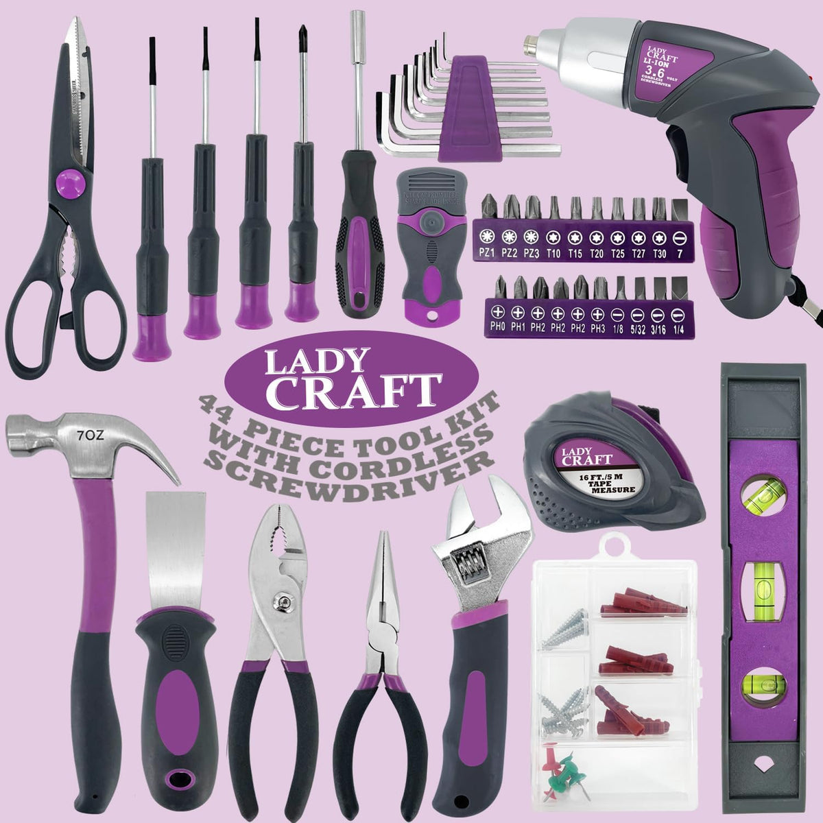 4V Cordless Screwdriver Tool Kit Set Purple Tool Lady 44PCS | Home tool set,small DIY projects, lightweight design,right weight for women,women/girls gift,storage case