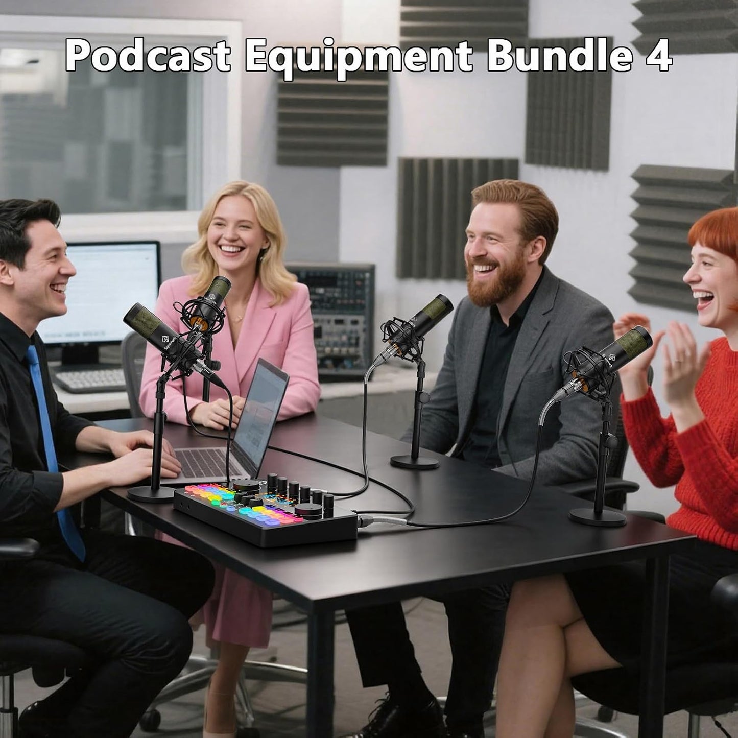 Podcast Equipment Bundle for 4, Audio Interface with 4 Dynamic Microphone, 4 Desktop Mic Stands, Voice Change, DJ Mixer for Vocal Recording Podcasting,Streaming,Singing TikTok, COMMANDER M100 3rd