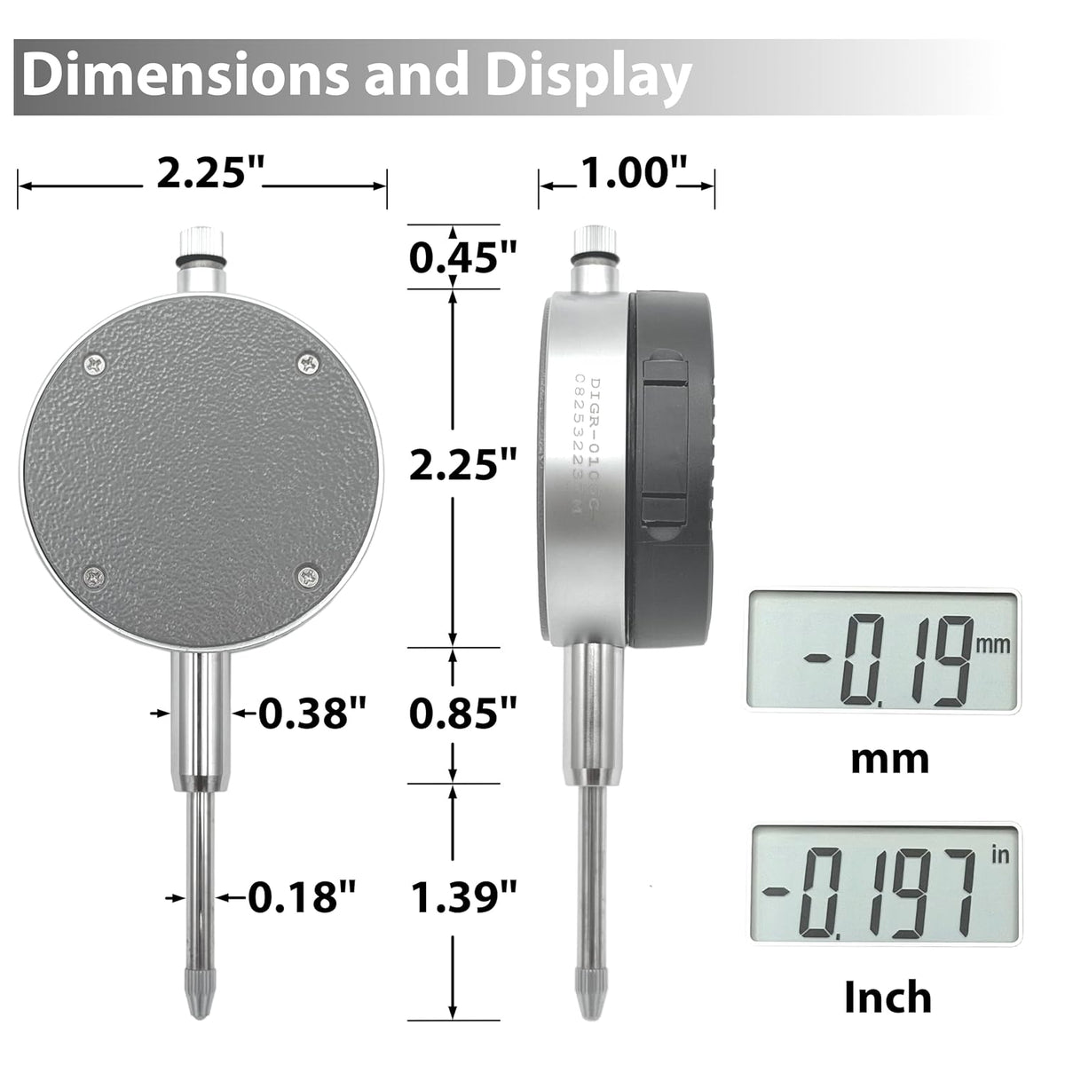 Digital Indicator with Magnetic Base Holder Stand, DIBR-0105 0-1 Inch/25.4mm, Inch/Metric Conversion, Auto Off