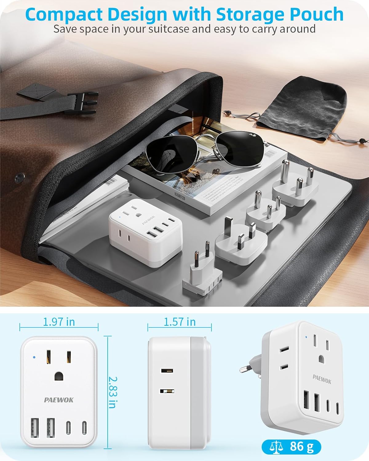 PAEWOK Travel Adapter Set with Type G/C/M/D Detachable Plug | European Travel Plug Adapter, 4 AC Outlets 4 USB Ports (2 USB C), US to UK/EU/South Africa/India, Universal Travel Adapter