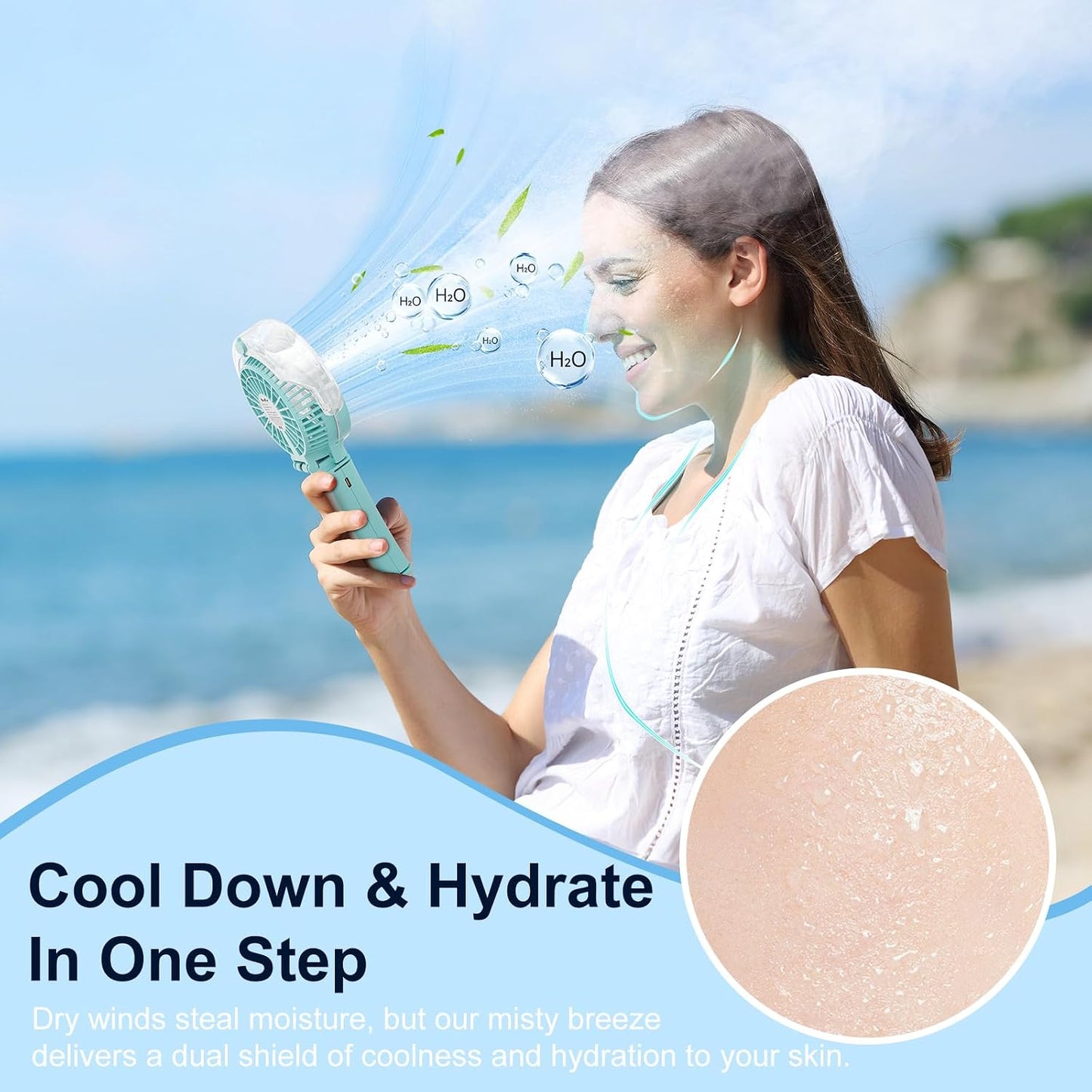 HandFan Upgraded Portable Handheld Misting Fan, Rechargeable Personal Mister Fan, Spray Water Mist Fans, Foldable Electric Mini Cooling Fans for Beach Travel Disney Makeup(Light Blue)